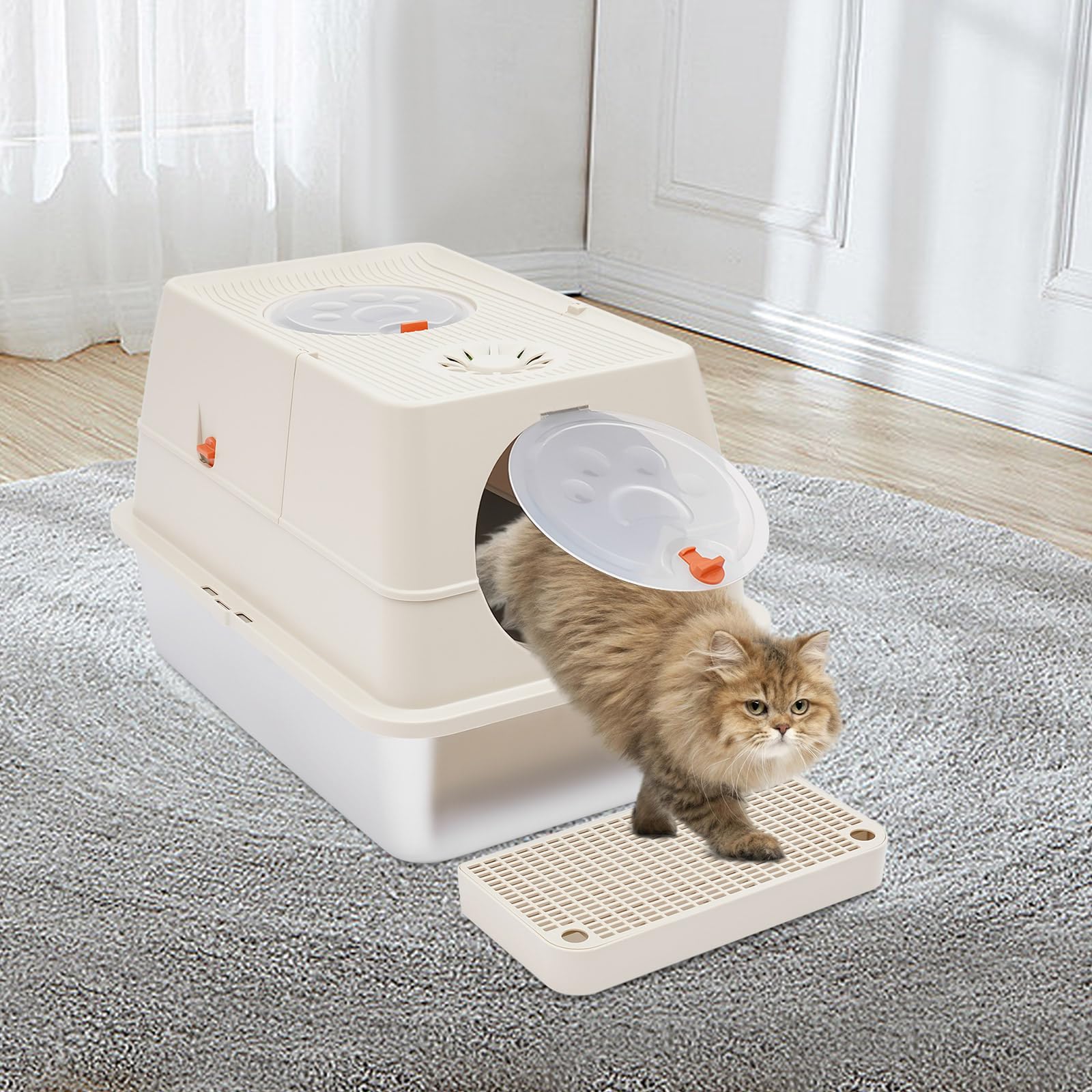 Lettiera per gatti estraibile chiusa a due porte, in acciaio inox, con coperchio, pala e gradino in acciaio inox, con coperchio, colore cachi