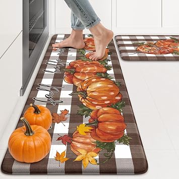 KIMODE Anti Fatigue Mats for Kitchen Floor 17"x47"+17"x29", Brown and White Plaid Kitchen Rugs Sets of 2, Fall Decor Kitchen Mat, Cushioned Kitchen Floor Mat Non Skid for Laundry Office Sink Desk