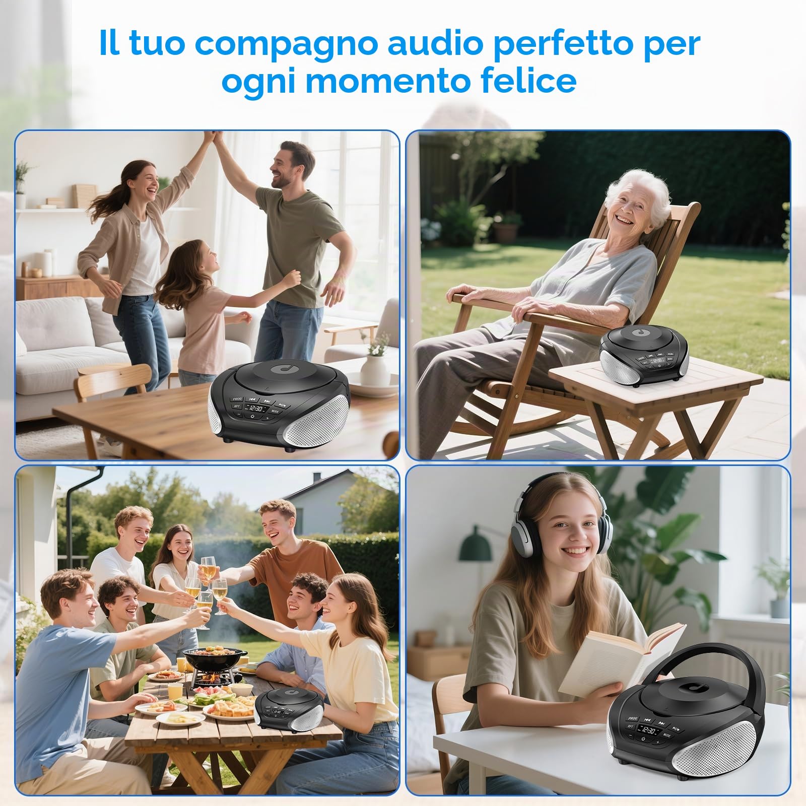 Gueray Lettore CD Portatile Boombox - Radio CD Compatto con Altoparlanti Stereo, Radio FM, Ingresso AUX 3.5 mm, Jack per Cuffie e Display LCD per Interni, Esterni, Viaggi & Audiolibri (Nero + Argento)