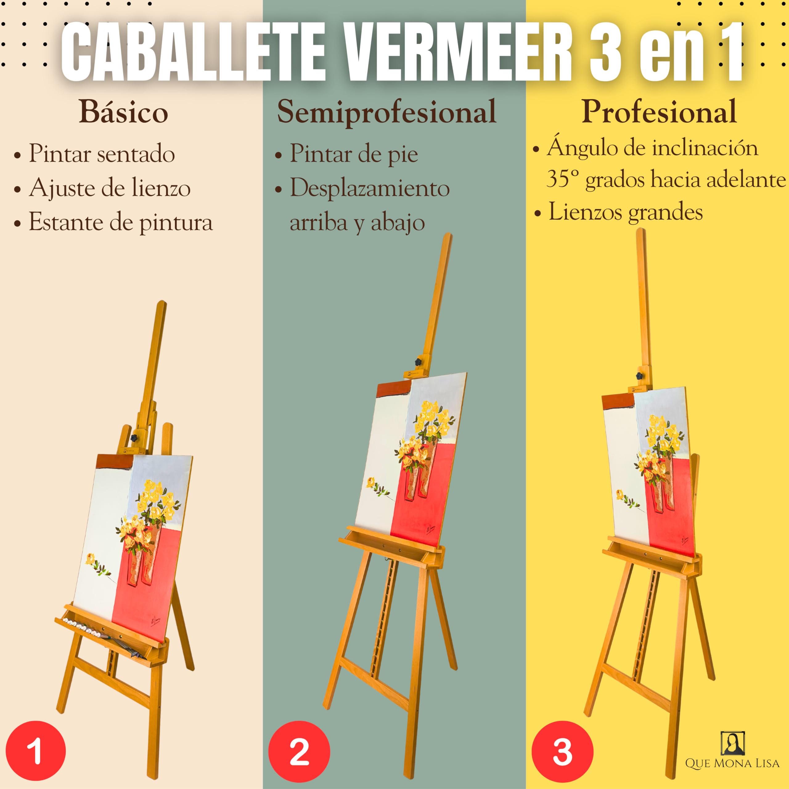 Caballete pintura profesional VERMEER Soporta lienzos grandes hasta 125 cm, Altura Ajustable desde 173-241 cm. Caballete Madera de Haya Fácil de Montar para Adultos, Artistas