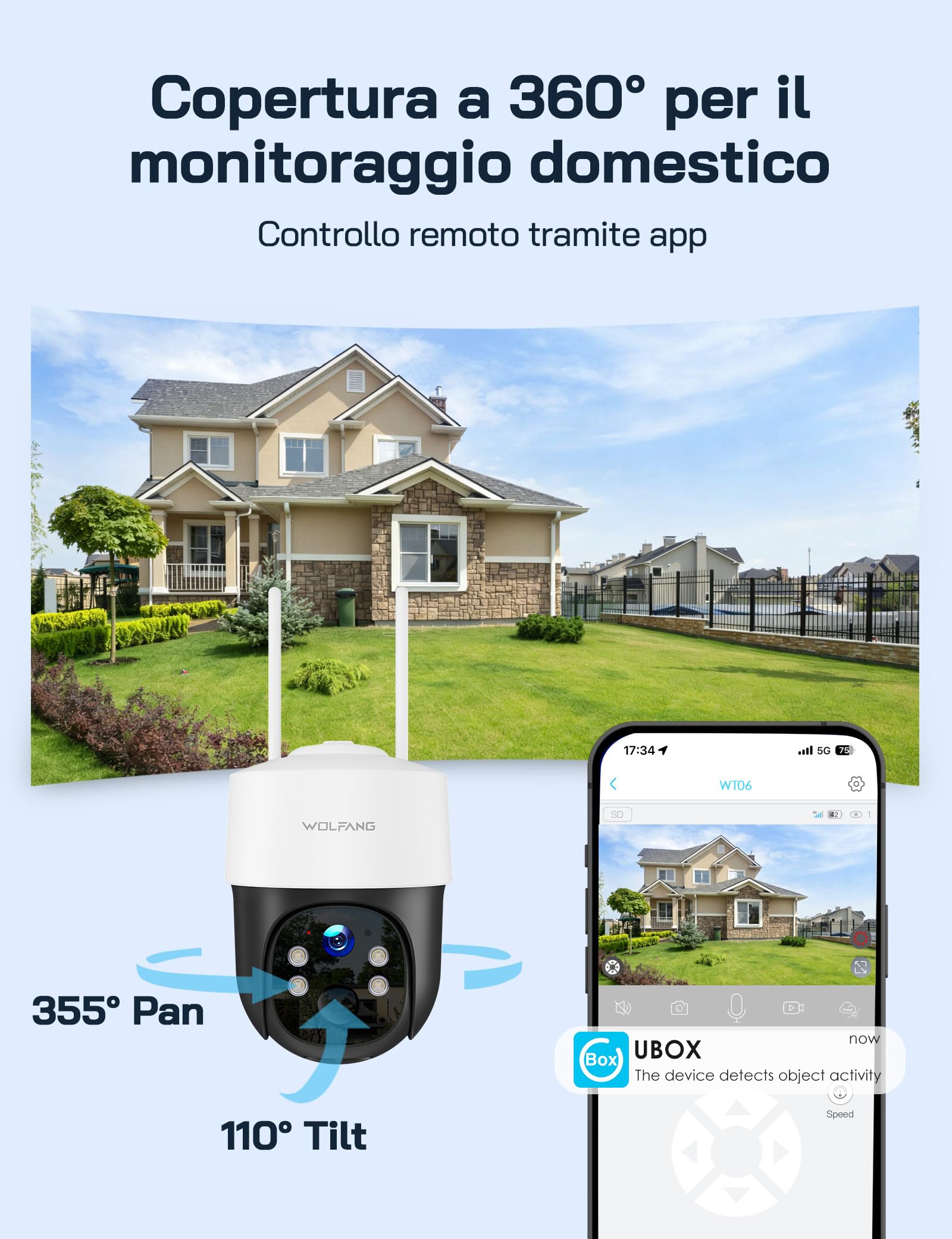 WOLFANG Telecamera Esterno 4G con SIM, Telecamera Senza WiFi, Pannello Solare, 2.5K HD, Visione Notturna con Faro, Audio Bidirezionale, PIR, Registrazione Locale, Scheda microSD 32 GB