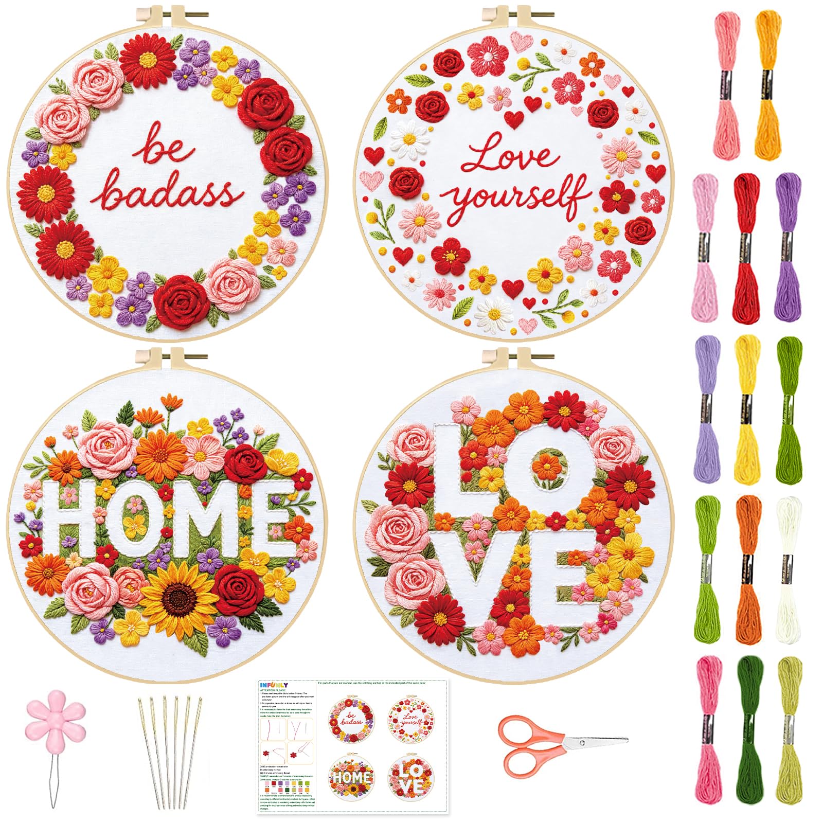 INFUNLY 4Pcs Wreath DIY Embroidery Kit for Adults Words Cross Stitch Kits