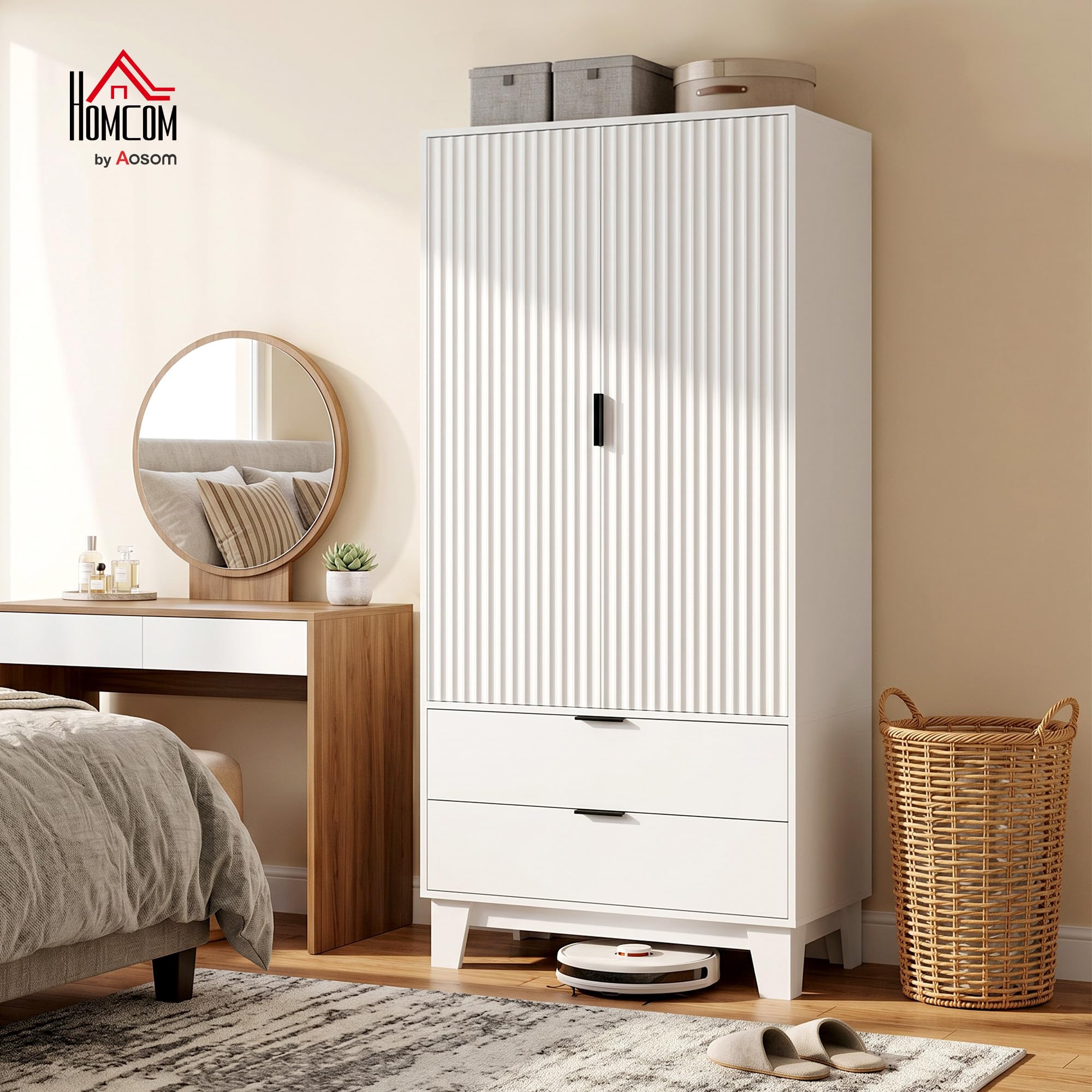 HOMCOM Armoire Chambre penderie avec 2 Portes cannelées à Fermeture Douce, 2 tiroirs et Barre de Suspension, Armoire à vêtements, Dressing, Style Moderne, 80 x 50 x 180 cm, Blanc
