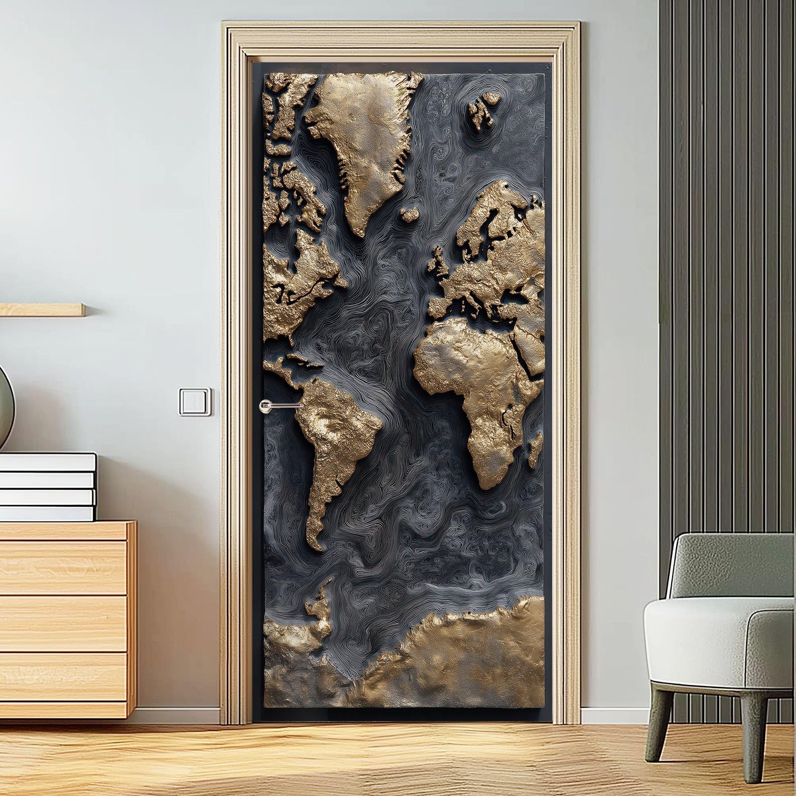 80 x 210 cm naklejka dekoracja drzwi, nowoczesna mapa przemysłowa mapa kontynent przybrzeżna naklejka ścienna na drzwi czarne złoto zdejmowane naklejki ścienne z PVC do sypialni salonu