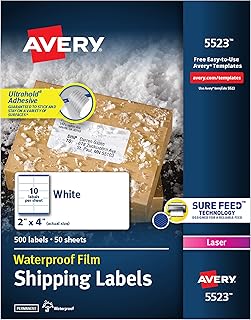 Avery Waterproof Shipping Labels with Sure Feed & TrueBlock, 2" x 4", 500 White Laser Labels (5523)