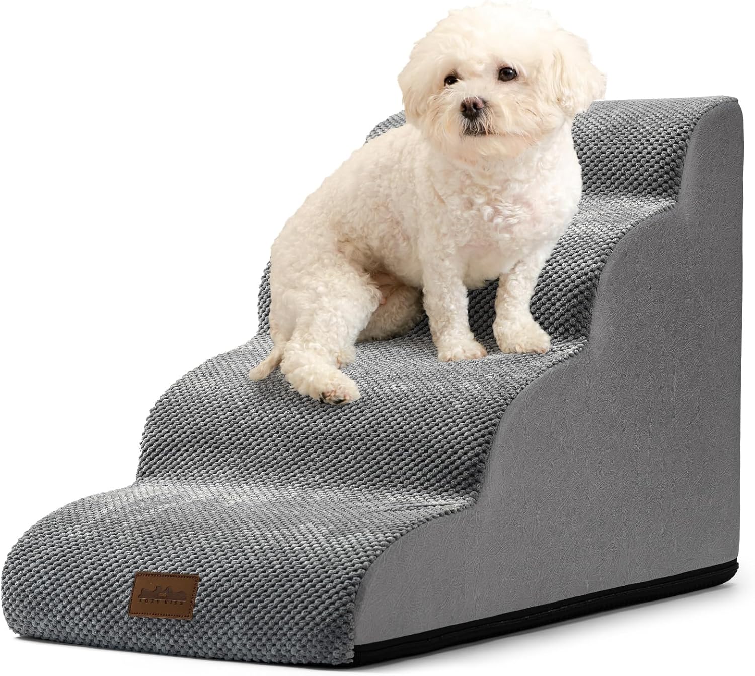 Dog Stairs for Small Dogs 19.7" H, Curved Dog Step for Puppy, Older or Cat, Medium Pet Ramp for Sofa, Couch or Bed, Ladder with High Density Foam, 4 Step, 15.7x28.3x19.7 inch, Grey Grey 4 15.7x28.3x19.7in
