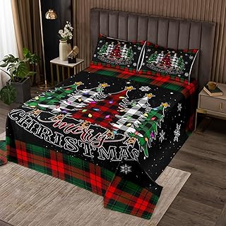 Merry Christmas Kids Bedspread Queen Size,Red Black Green Plaid Print Bedding Set 3Pcs Cartoon Xmas Tree Snowflake Comforter Set for Boys Girls Bedroom Decor,Black Quilt Coverlet,2 Pillowcases
