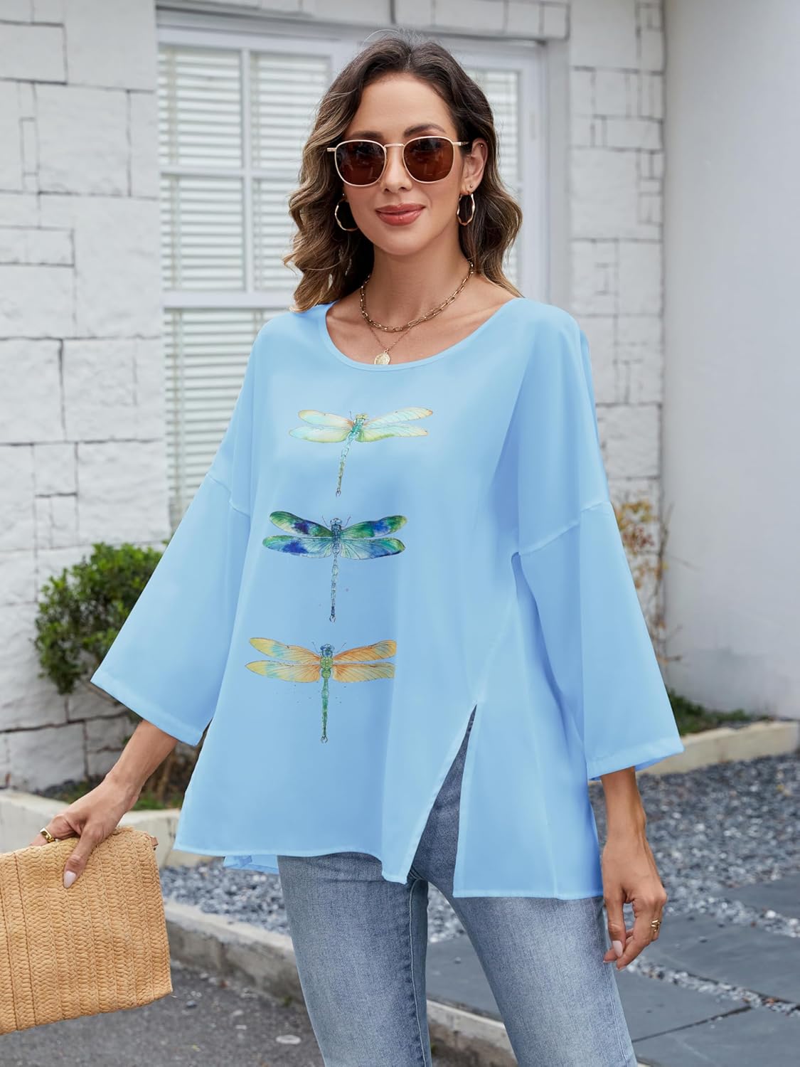 Summer Tops for Women Casual Tops Office Elegance Polyester Tee with Floral Dragonfly Design Comfort Fit Blouse - Image 7