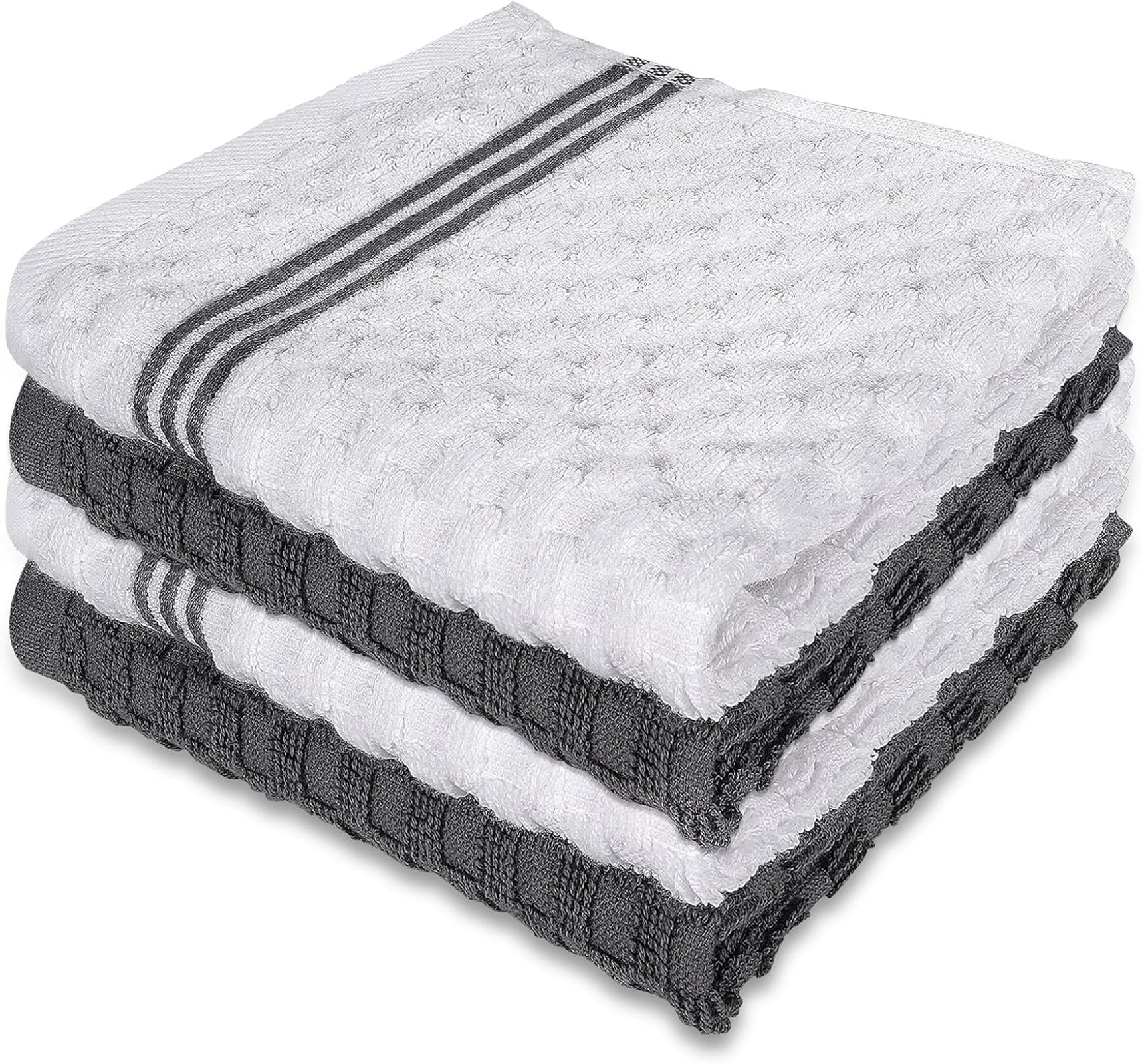 Fine Kitchen Towel, Cloth Cleaning Towels for Dish, Large100% Cotton Cloths Tea Towel, Absorbent Drying Dishcloth Towels Set for Kitchen, Bathroom, Office, Household, 64x 38CM, (White & Grey) (4 Pack)