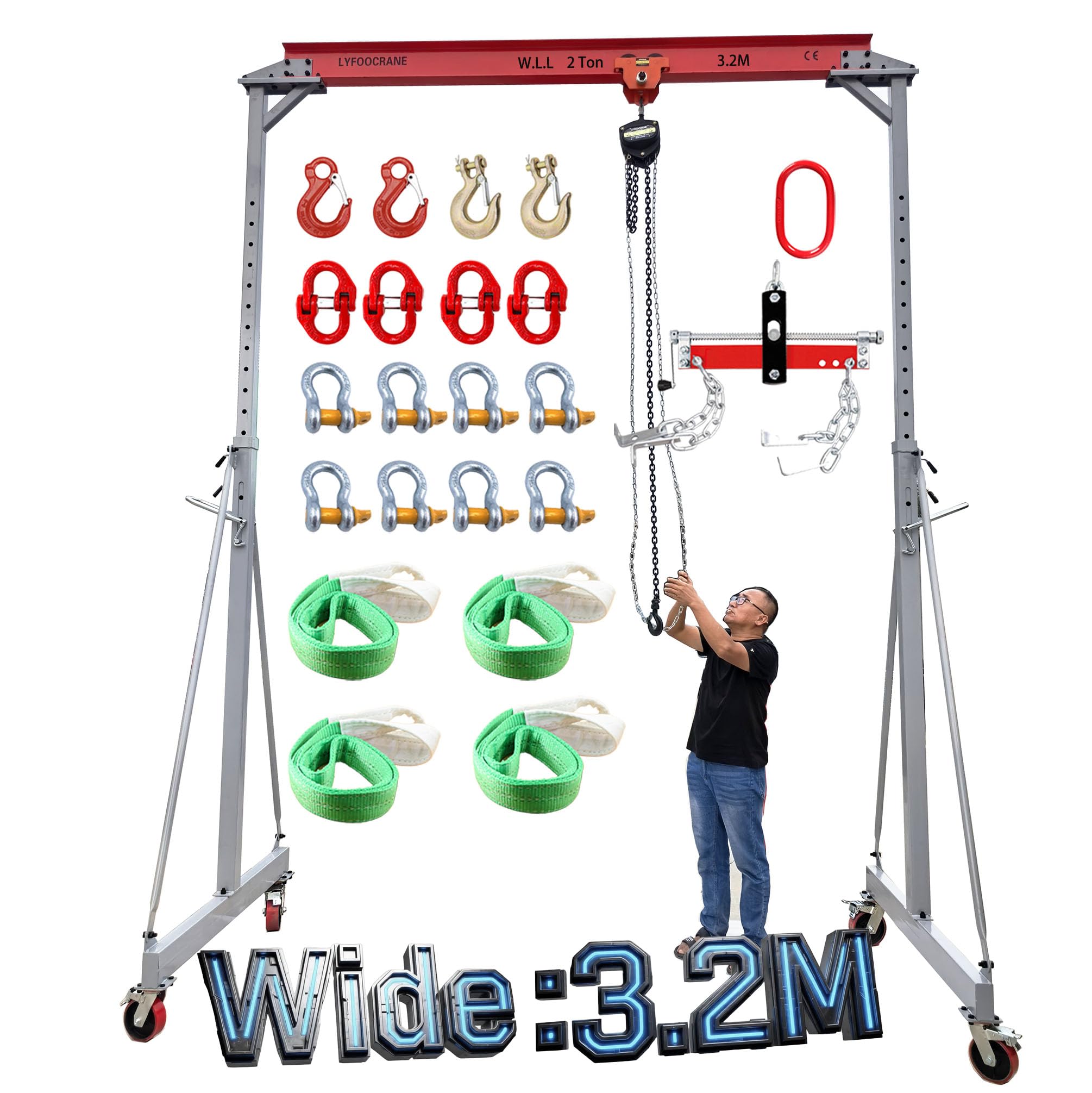 2T-3.2M Verstellbarer Portalkran, Tragfähigkeit 2000 kg, Höhe verstellbar von 3 m bis 4,2 m, mobiler Portalkran 2T, Werkstattkran mit Hebezug und Anschlagmittel-Set | Extragroßer 2T-3,4M verstellbarer Portalkran