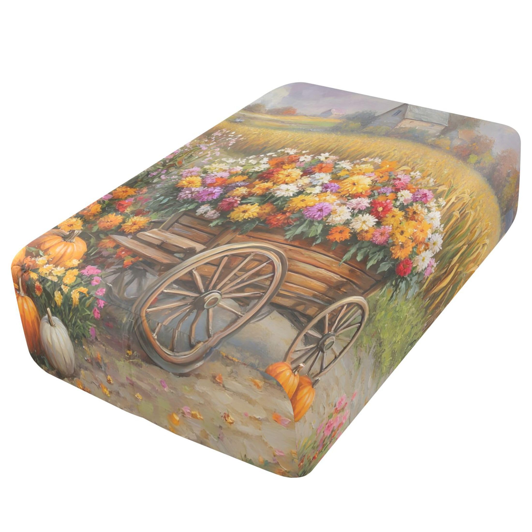 Sábana bajera ajustable de flores y calabazas para colchón de aire, bolsillo extra profundo de 24 pulgadas, funda suave y transpirable con apertura de válvula de cremallera para cama de aire