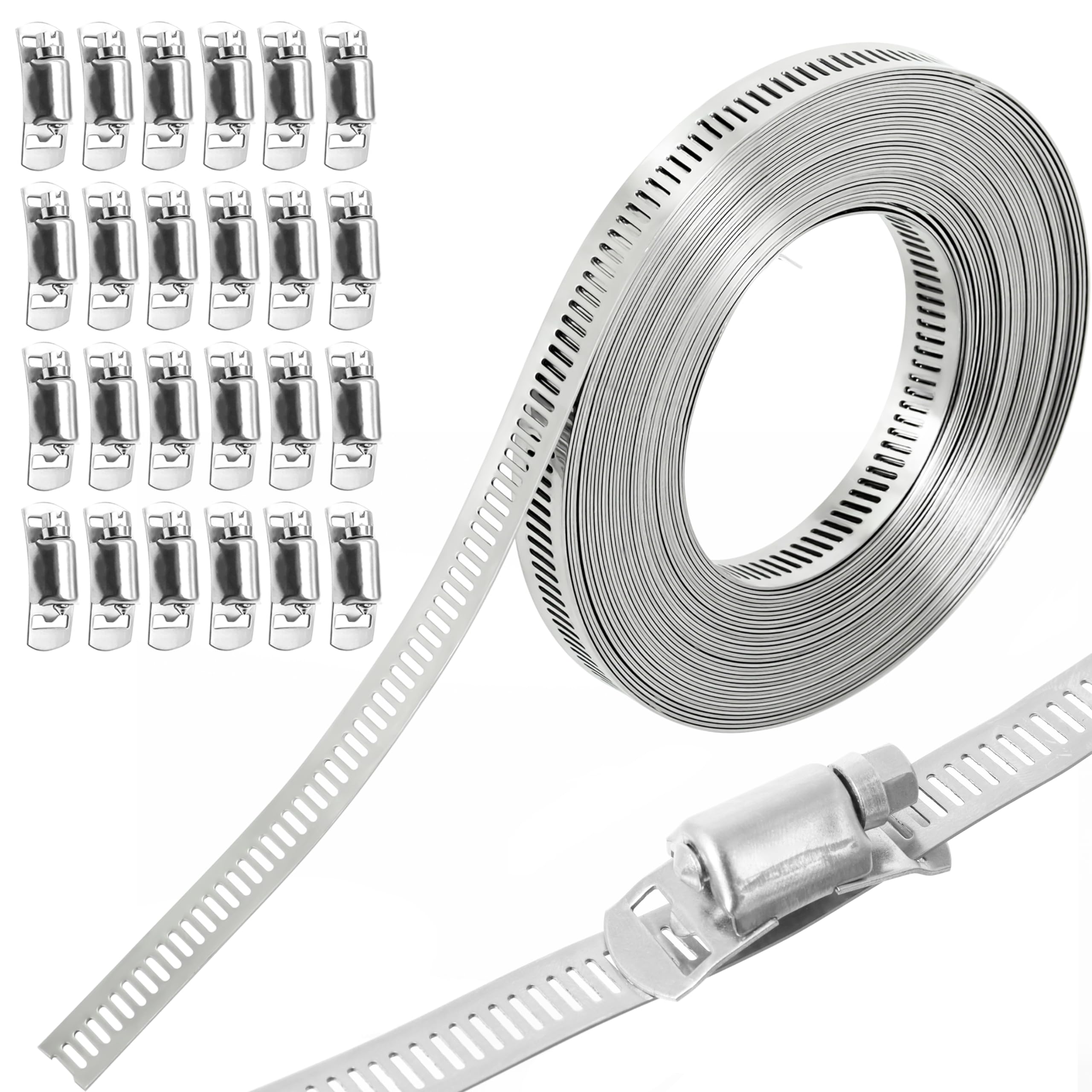 10M Schlauchschellen Endlos 304 Edelstahl Einstellbare Schlauchklemmen Riemen Schlauchclips mit Schraube Klemme 24 Stück für Wasser Rohr/Tank/Gas Rohr/Kühler/Automobil Tubing