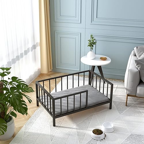 Miniatura 5 de Cama para perros con rieles, marco de cama elevado de metal para mascotas con tablero de madera maciza y tapete suave lavable para perros medianos