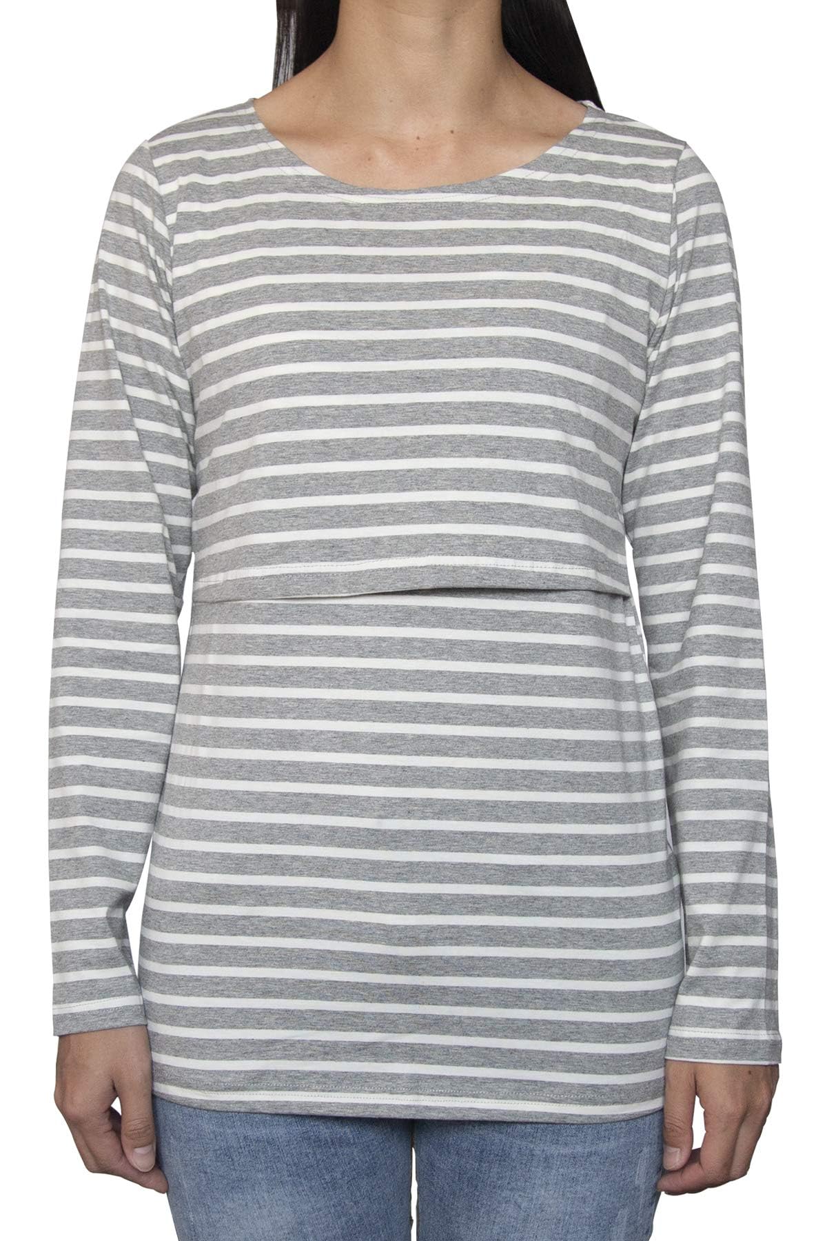 Smallshow Camicie da donna a maniche lunghe per allattamento al seno, 3 pezzi, Nero-profondo verde-chiaro grigio a righe, L