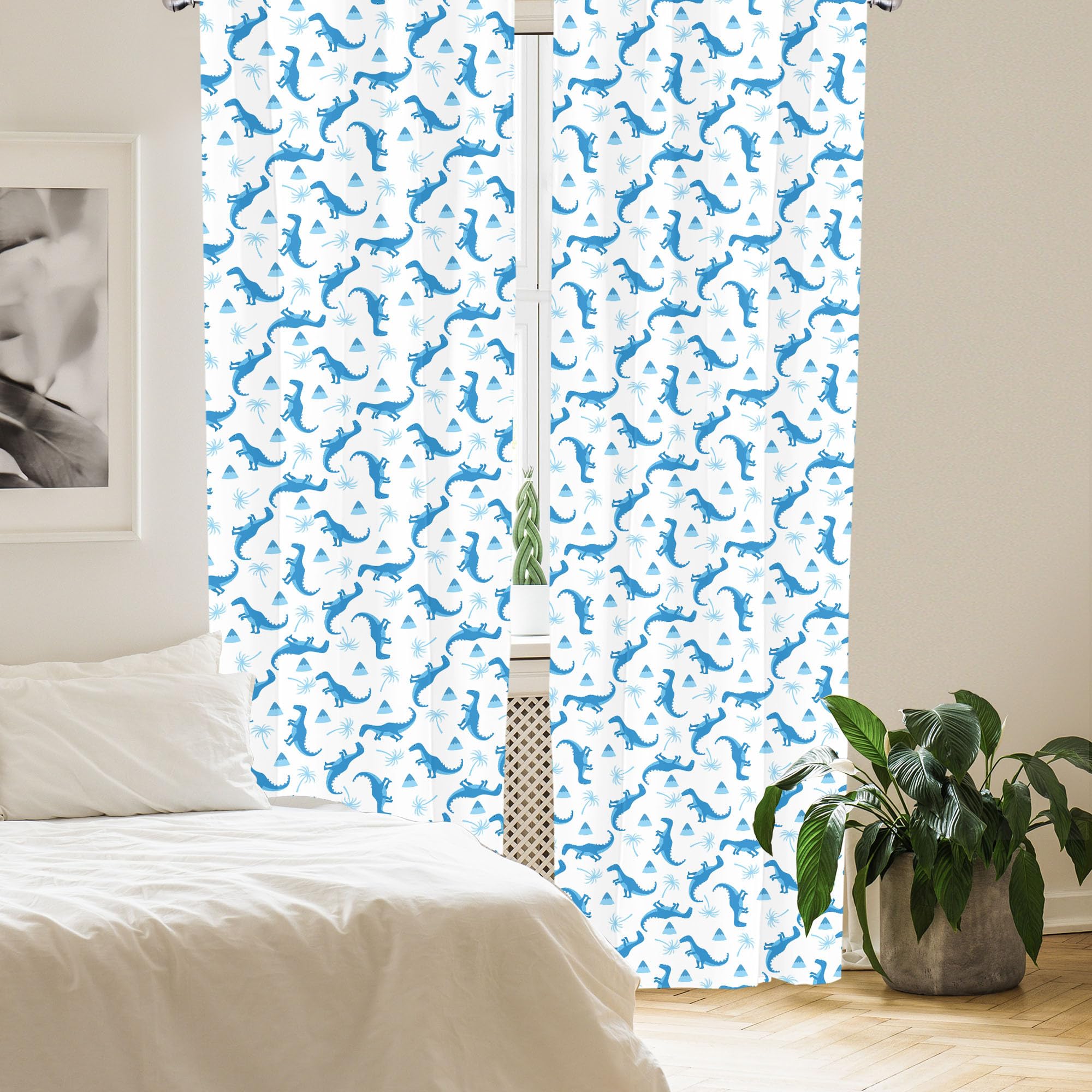 ABAKUHAUS Dino 2 Panel Curtain Set, Monotone Funny Dinosaurs with Palms and Volcano on a Plain Background - Image 3