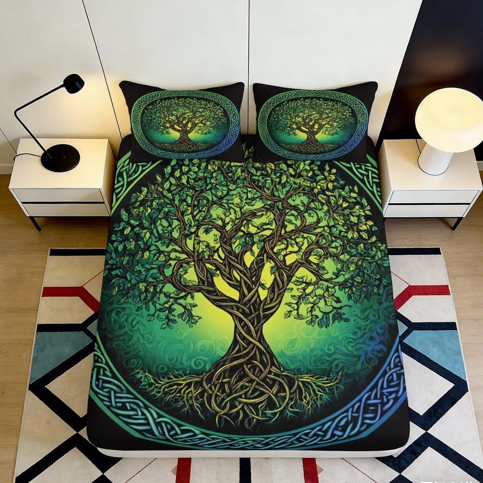 3D Printed Tree of Life Fitted Sheet Microfiber Green Celtic Pattern Mattress Cover Non Slip Easy Care for Bedroom 160x200x25cm