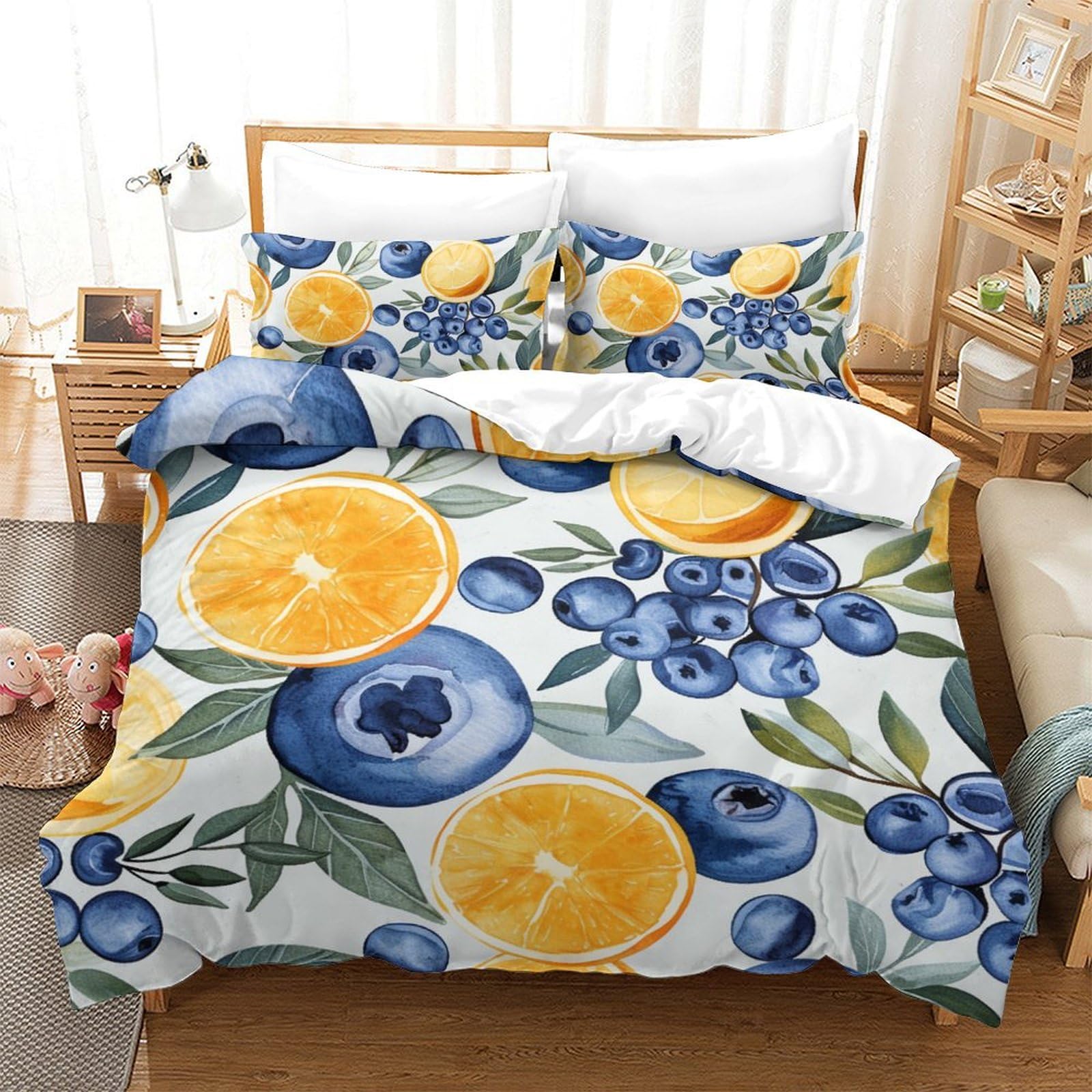 Parure de lit 3 pièces impression 3D citron housse de couette microfibre zippée 200x200