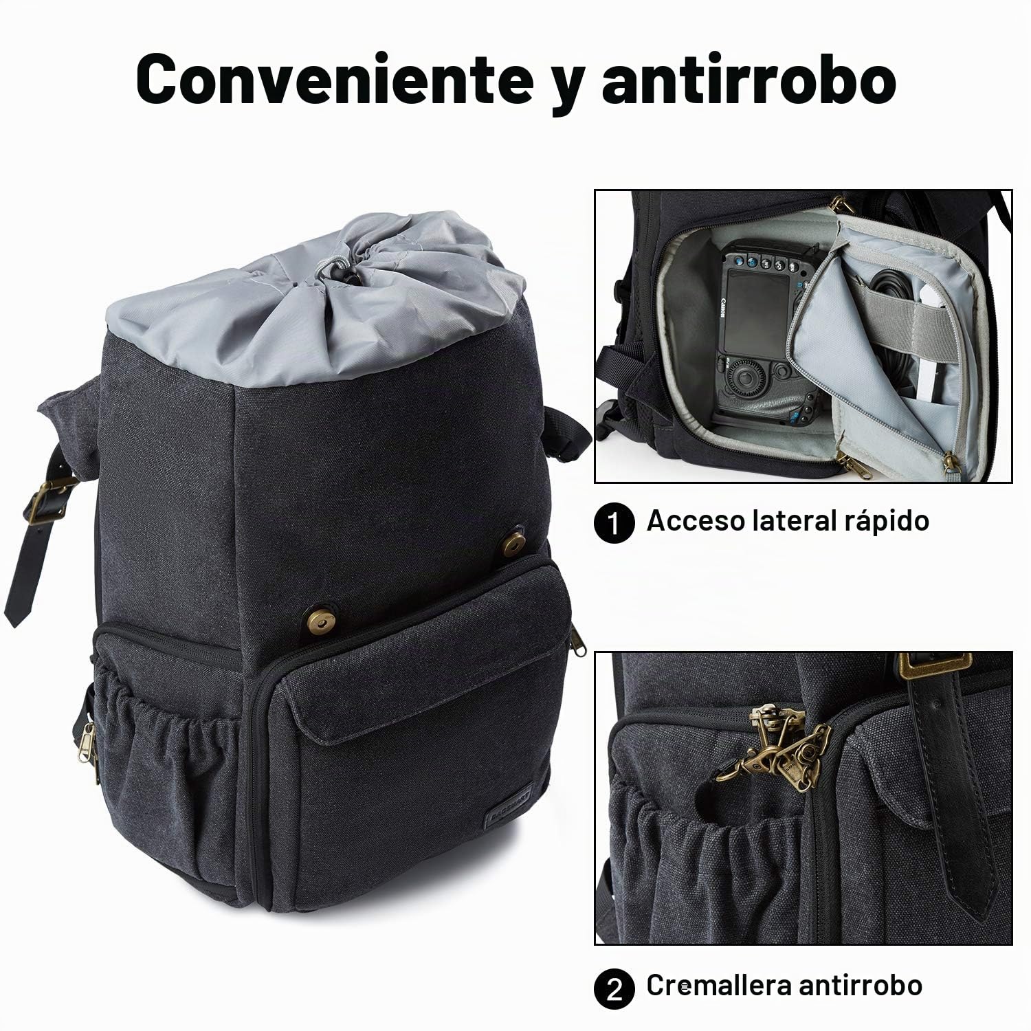 BAGSMART Mochila Fotográfica Para Cámara DSLR De Lona,Antirrobo,Impermeable,Con Protección Contra La lluvia,Para Portátil De 15 Pulgadas,Cámara Réflex,Objetivos,Accesorios,Negro,Large