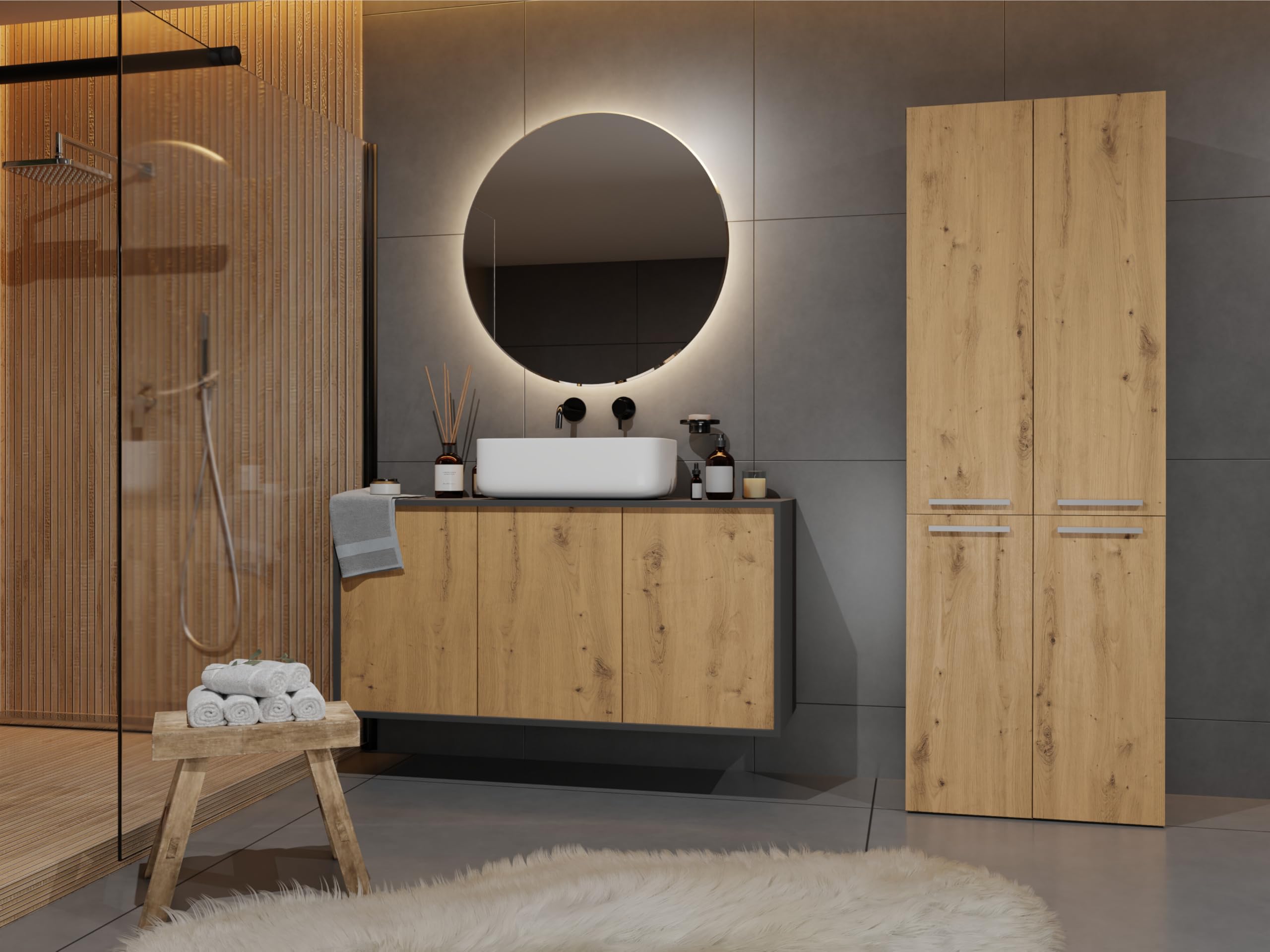 ARREDO DA CASA Armadio Bagno a Colonna con Cesto Portabiancheria, 3 Ante Battenti e Anta a Ribalta, Mobile Salvaspazio 60x174x30 cm, in Diversi Colori ABT1 (Rovere/antracite)