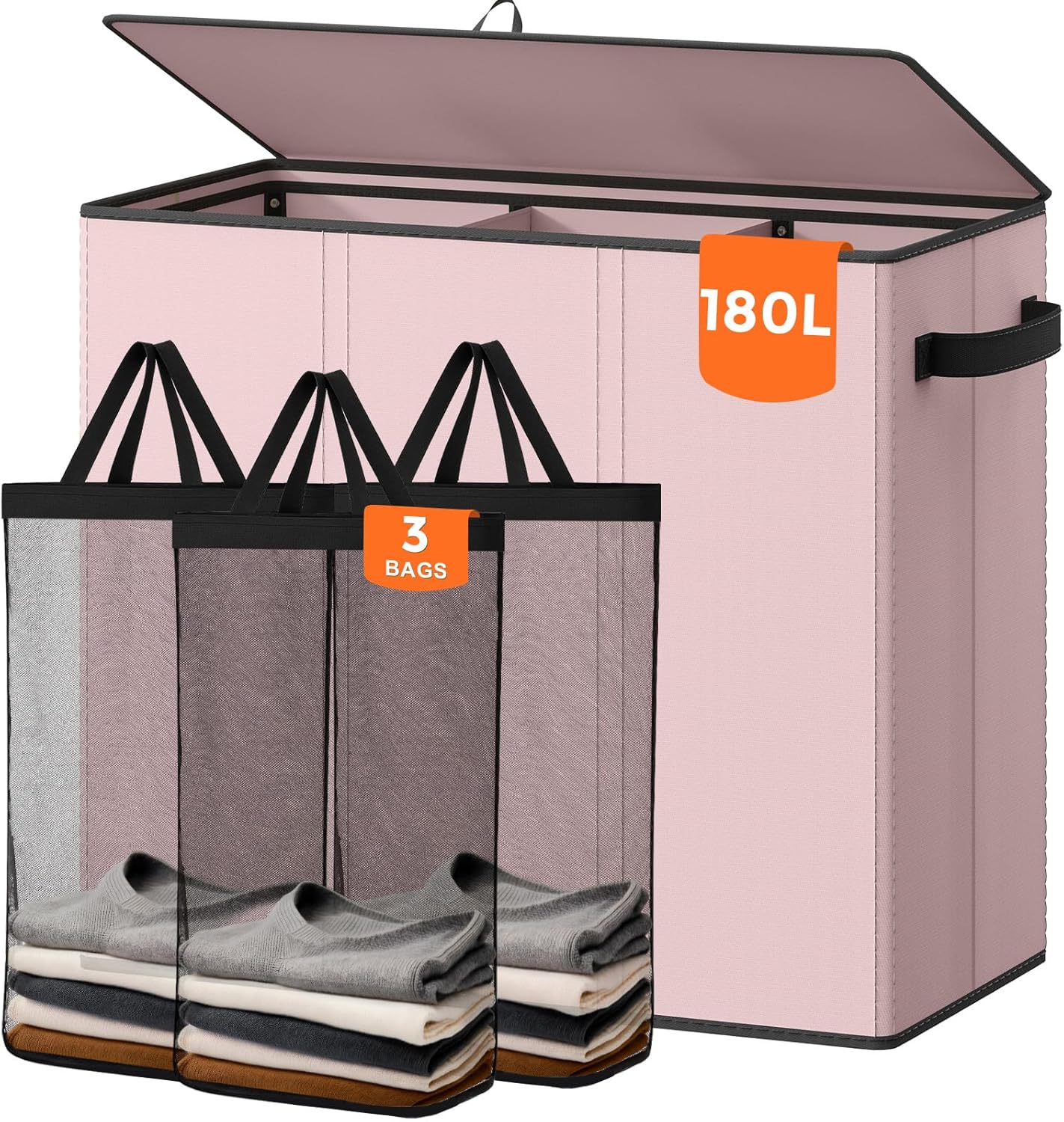 180L Laundry Hamper 3 Section, Large Laundry Basket with Lid, Laundry Basket Organizer with Handles, Pink Divided Laundry Baskets, Clothes Hampers for Nursery, Bedroom, Bathroom