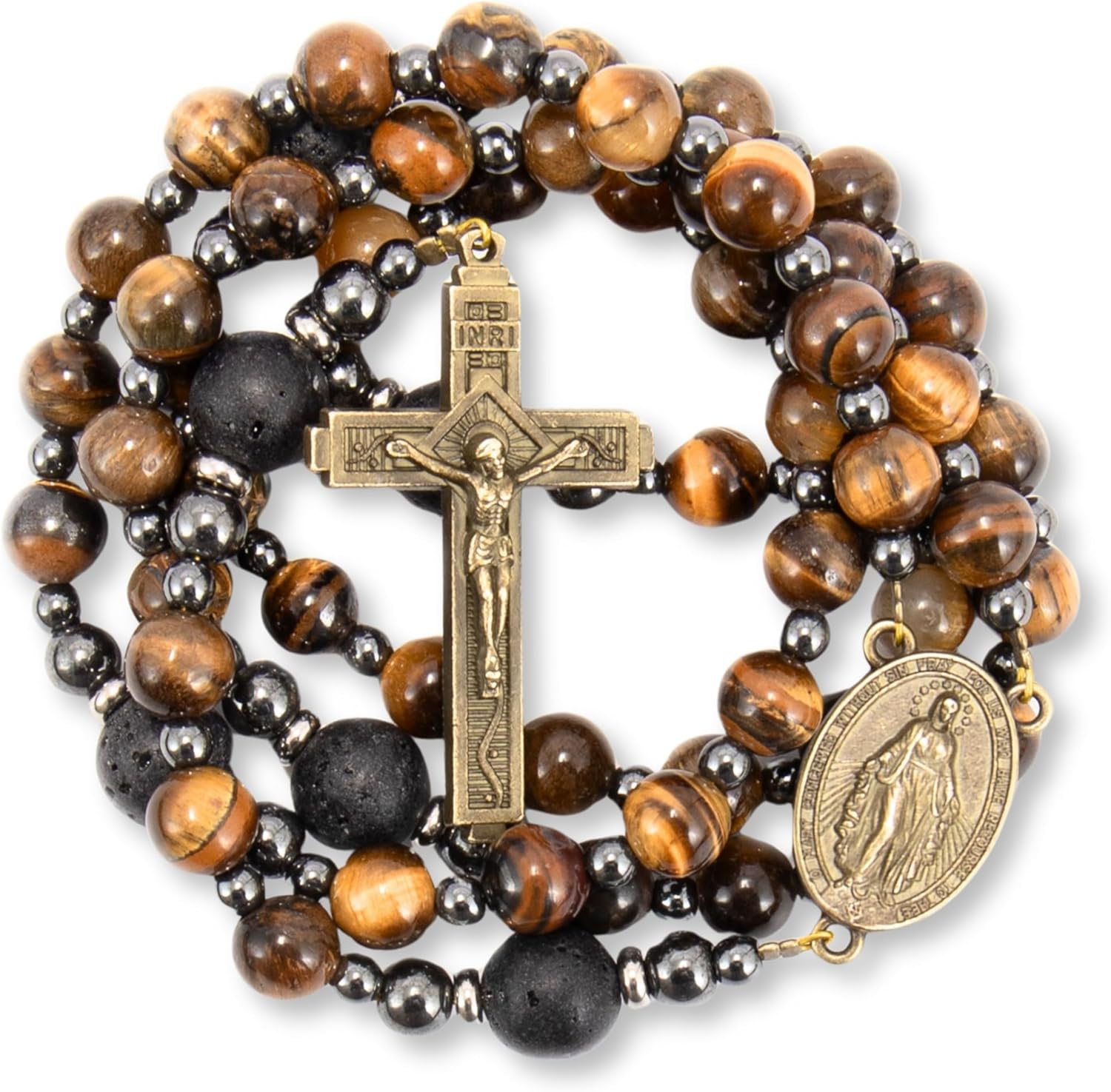 Nazareth Store Rosary Beads for Men, Catholic Rosary Necklace, Tiger Eye Beads Strong Rosary Cross Necklace in Portable Gift Box