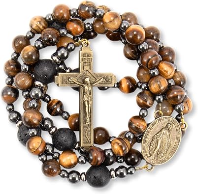 Nazareth Store Rosary Beads for Men, Catholic Rosary Necklace, Tiger Eye Beads Strong Rosary Cross Necklace in Portable Gift Box