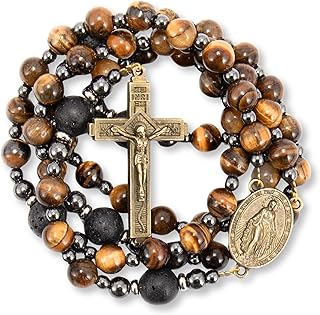 Rosary Beads for Men, Catholic Rosary Necklace, Tiger Eye Beads Strong Rosary Cross Necklace in Portable Gift Box