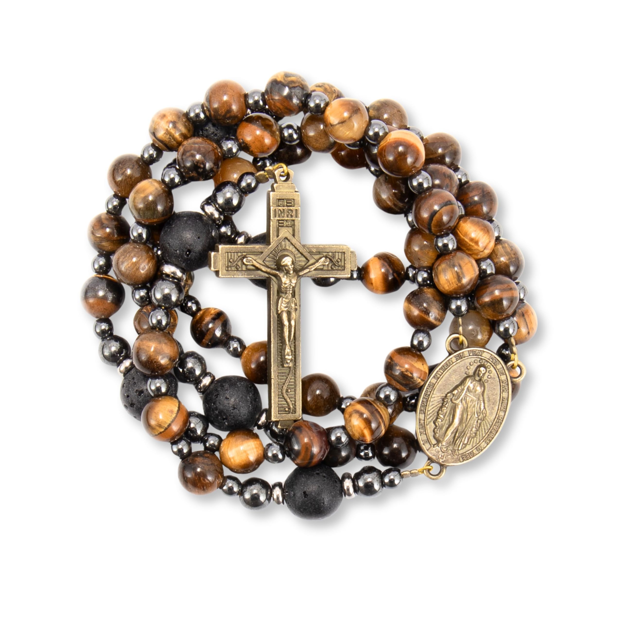 Nazareth Store Men's Rosarium Catholic Necklace with Tiger Eye Beads and Strong Cross in a Portable Gift Box-image-25