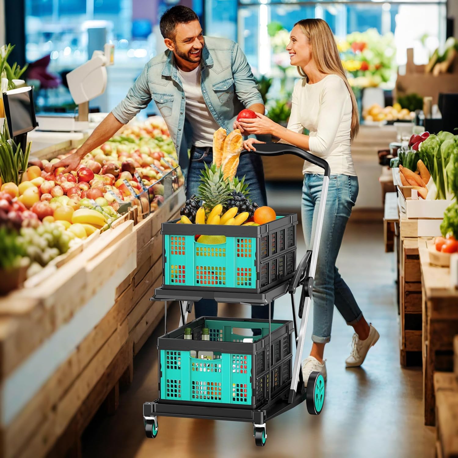 Collapsible Shopping Cart, 8-in-1 200LBS Multi Functional Utility Cart with 2 Storage Crate, Adjustable Handle Grocery Cart on Wheels for Shopping/Warehouse/Office/Supermarket - Blue