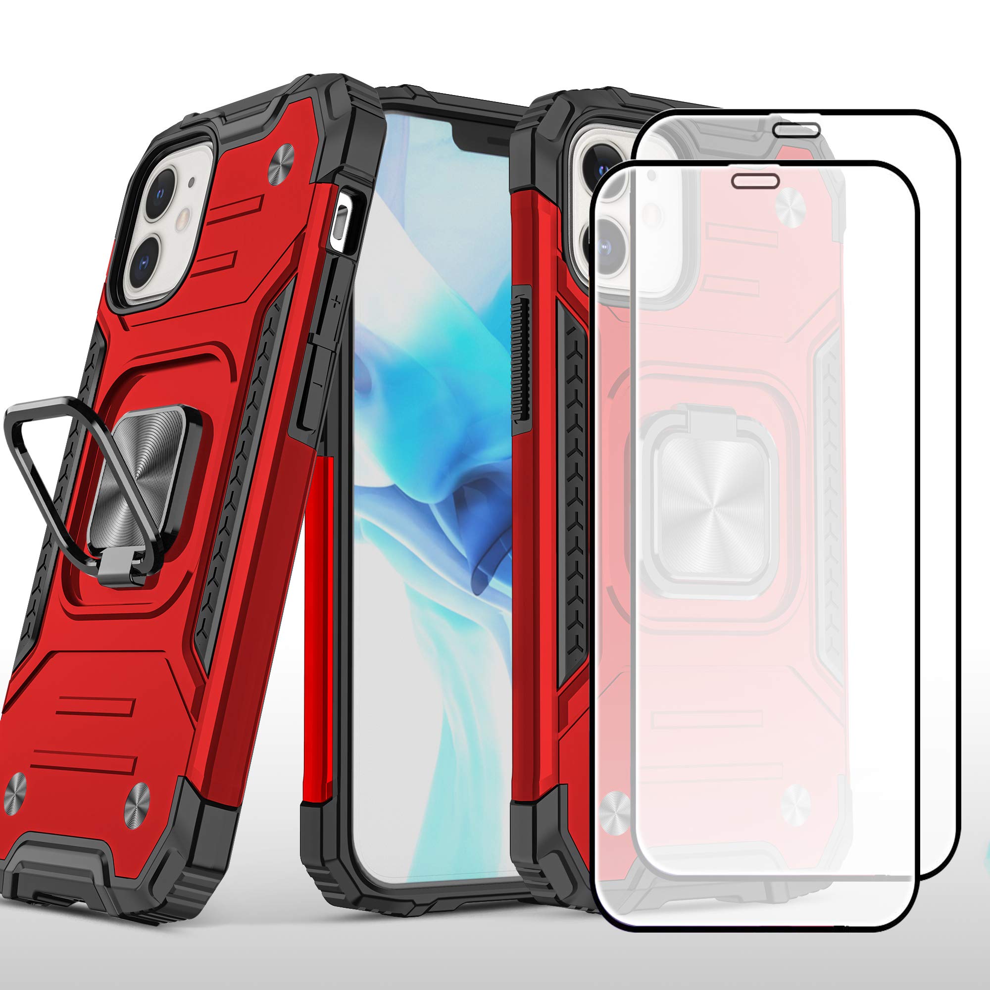 Rebex Compatible with iPhone 12 Case,12 Pro Cover,6.1" with Tempered Glass Screen Protector [2Pack],Tough Heavy Protective Ring Kickstand Holder Grip Metal Heavy Duty Shockproof (Red)