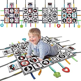teytoy Tummy Time Floor Mirror, Double High Contrast Play and Pat Activity Mat Black and White Baby Crinkle Toys with Teether, Great Gift for Infants Boys and Girls -Pack of 4