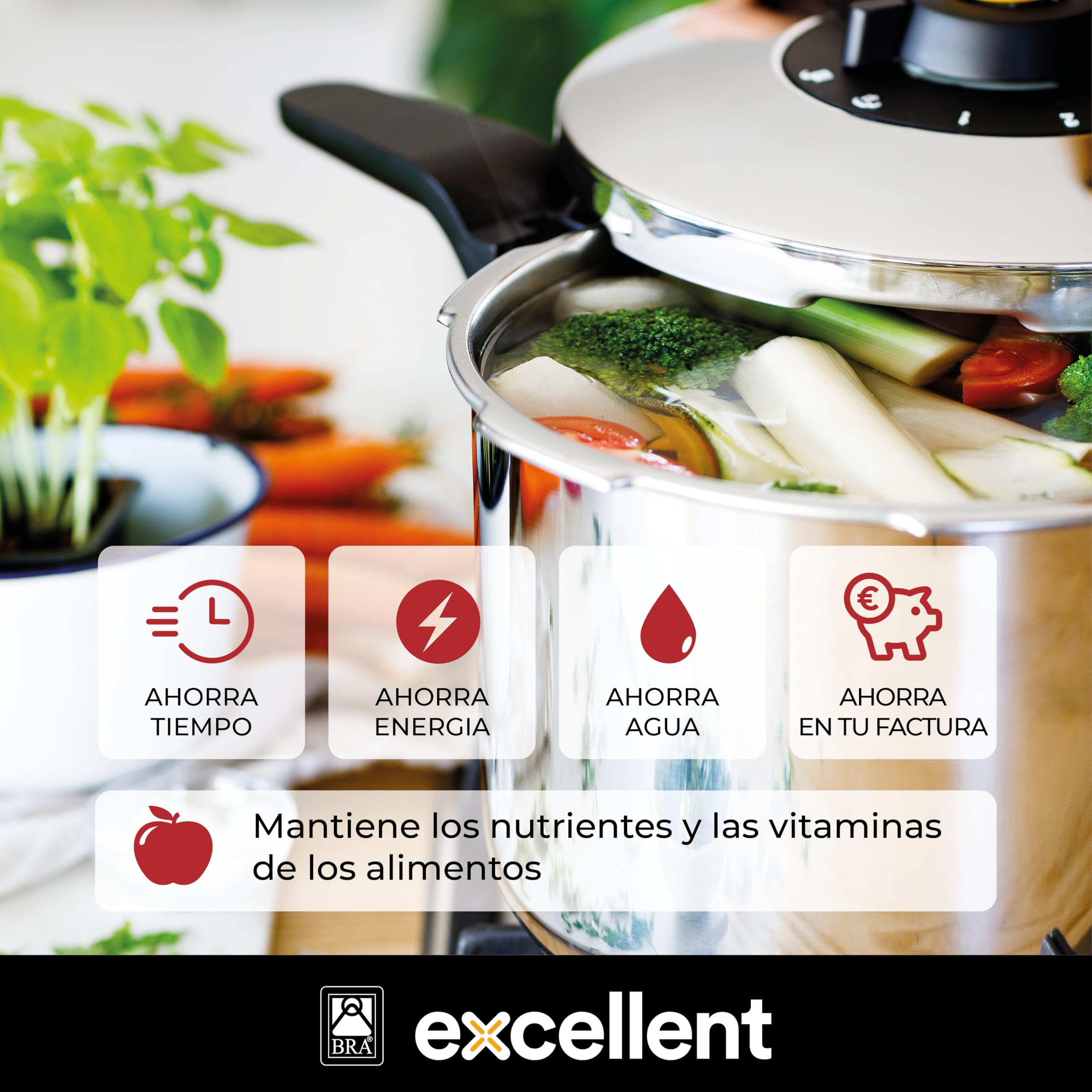 BRA Excellent | Set olla a Presión Rápida de Fácil Aberura de 4+7 Litros, Fabricada en Acero Inoxidable 18/10, 2 Programas de Cocción y Sistema de Bloqueo de Apertura, Apta para Todo Tipo de Cocinas
