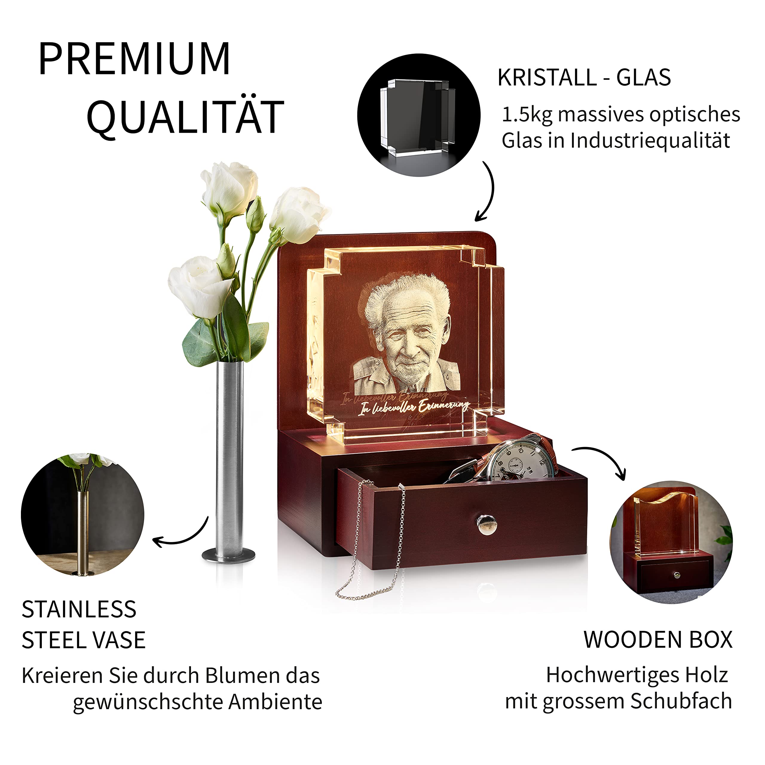 Memory-Keeper Trauer-Geschenk | Erinnerung-Box | Glas-Foto in 3D | Gedenk-Kristall | Trauer-Box | Trost-Schublade| Glas-Bild | Foto-Gravur