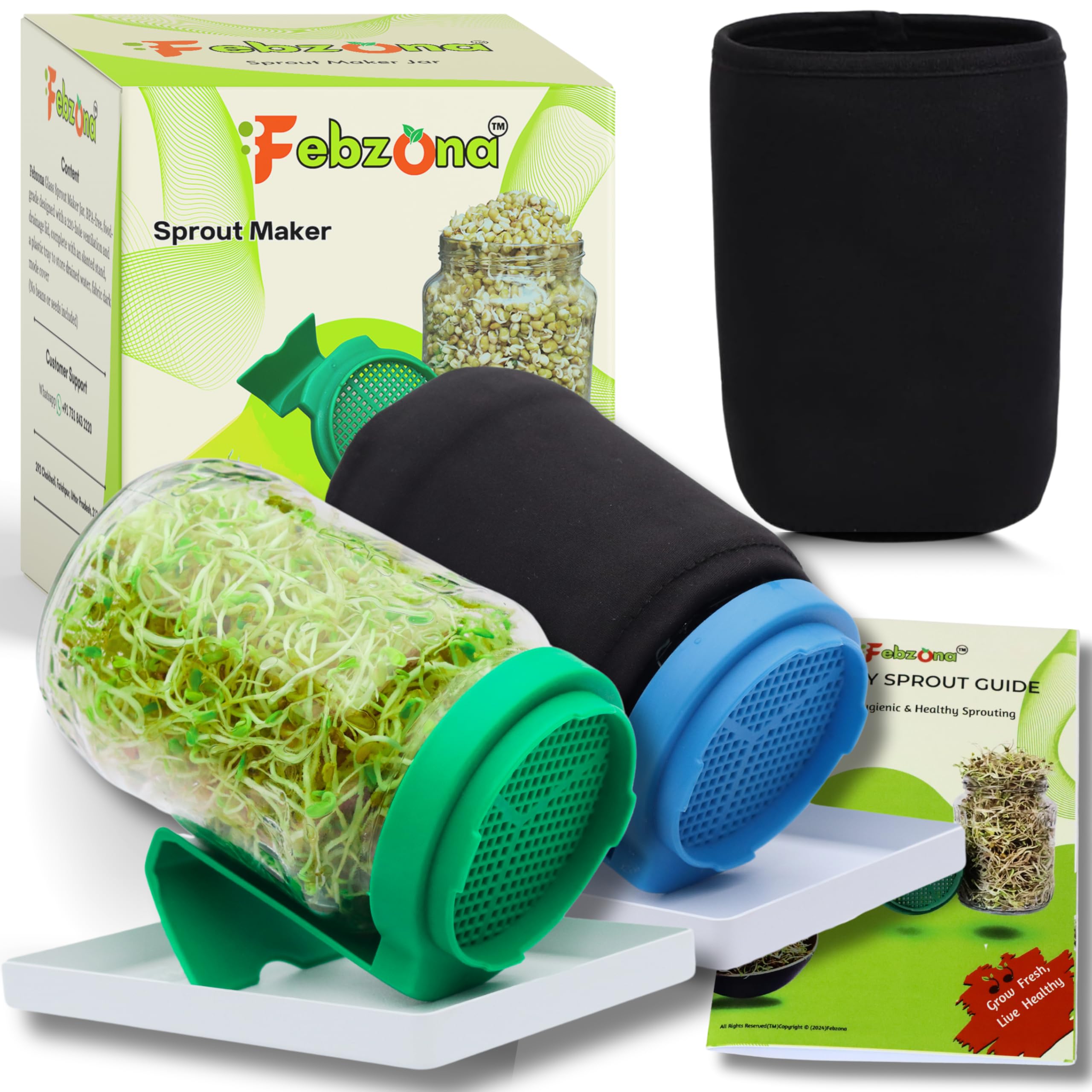 FEBZONA sprout maker box sprout Glass jar PACK OF 2 with cover and tray, sprouting jar sprouts container ankurit karne ka dabba Sprouter Set (GREEN-BLUE PACK OF TWO)