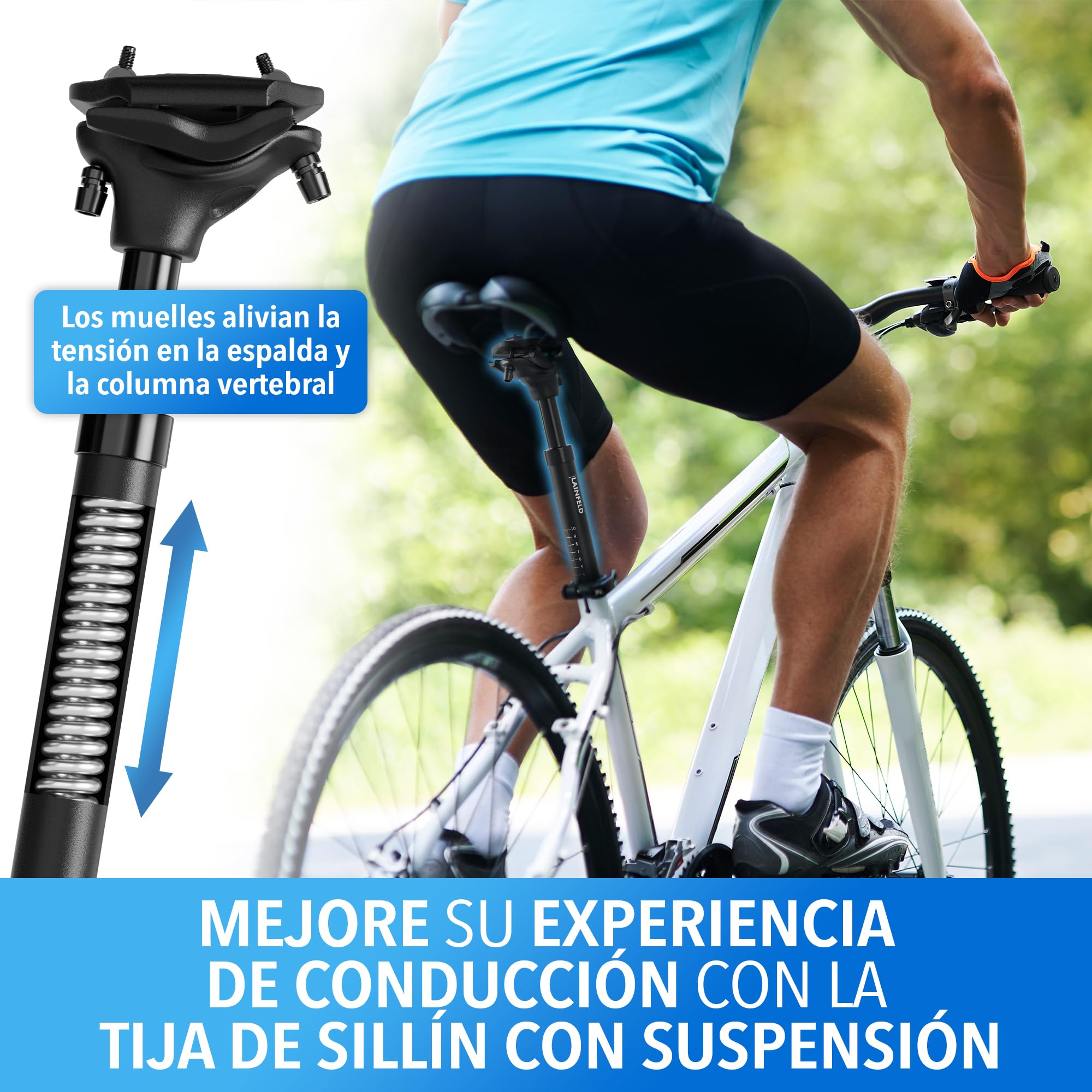 Tija de sillín con suspensión LAINFELD | Ajustable para MTB y E-Bike | Compatible con 27,2 mm, 30,9 mm y 31,6 mm | Incluye Herramientas | Ideal para Hombre y Mujer Ciclistas.