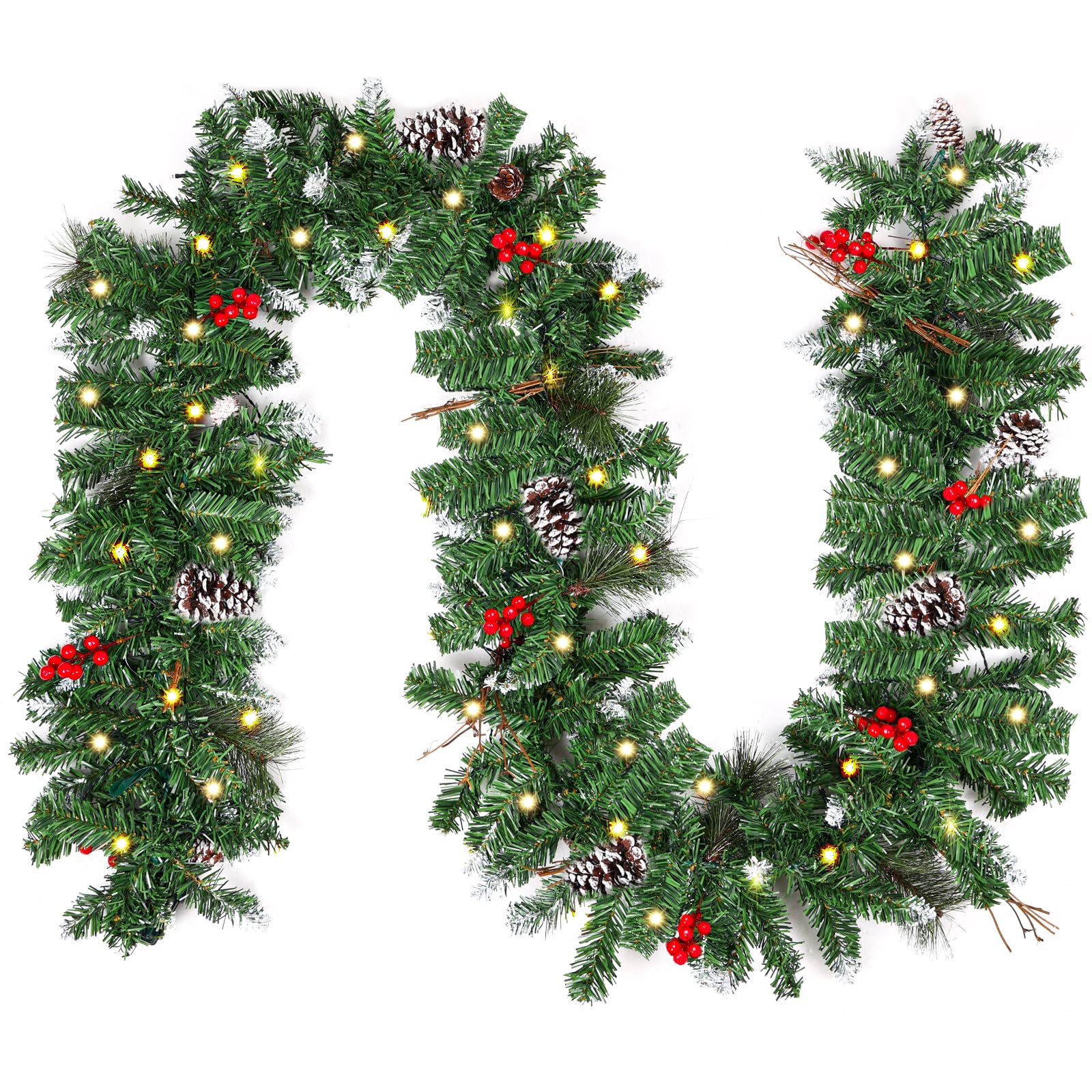 9 Foot Prelit Artificial Christmas Garlands with 50 Lights Battery Operated Timer 8 Modes, 234 PCS Garland Christmas Decoration with Pine Cone Outdoor Indoor Mantle Stair Decor