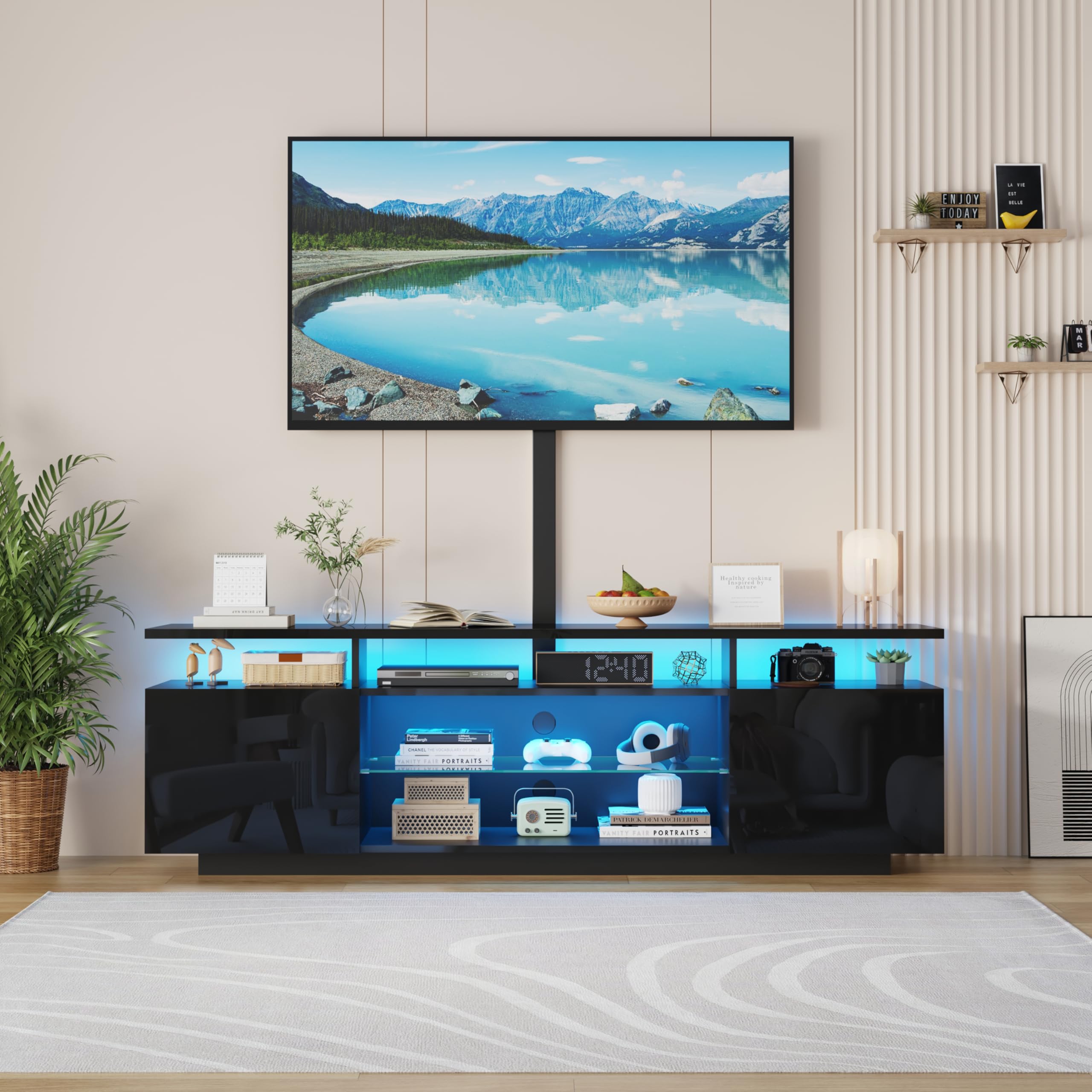 LSLIFE Modern 160cm High Gloss TV Stand Cabinet with RGB LED Lights, TV Cabinet for 55-70 Inch Television with TV Installation Bracket Living Room TV Unit 160 (L) x 33 (W) x 51 (H) cm