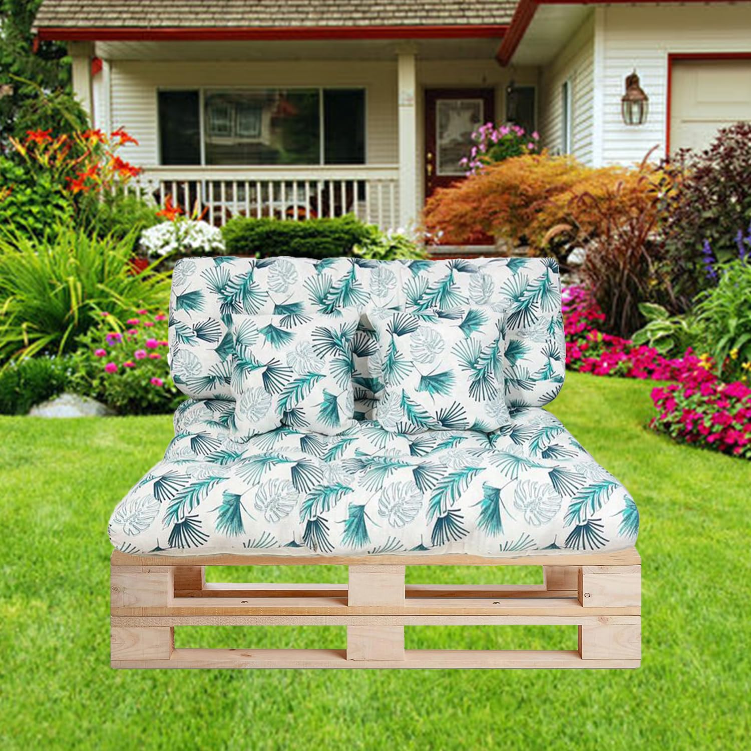 GREATOYAR Cojines Sofá Palets, Cojin Palet Fibra, Cojines Acolchados Palets, Cojín de Respaldo y Asiento, Conjunto 4 Piezas, para Jardín, Terraza, Balcón, Interior y Exterior, Hoja Azul Fina