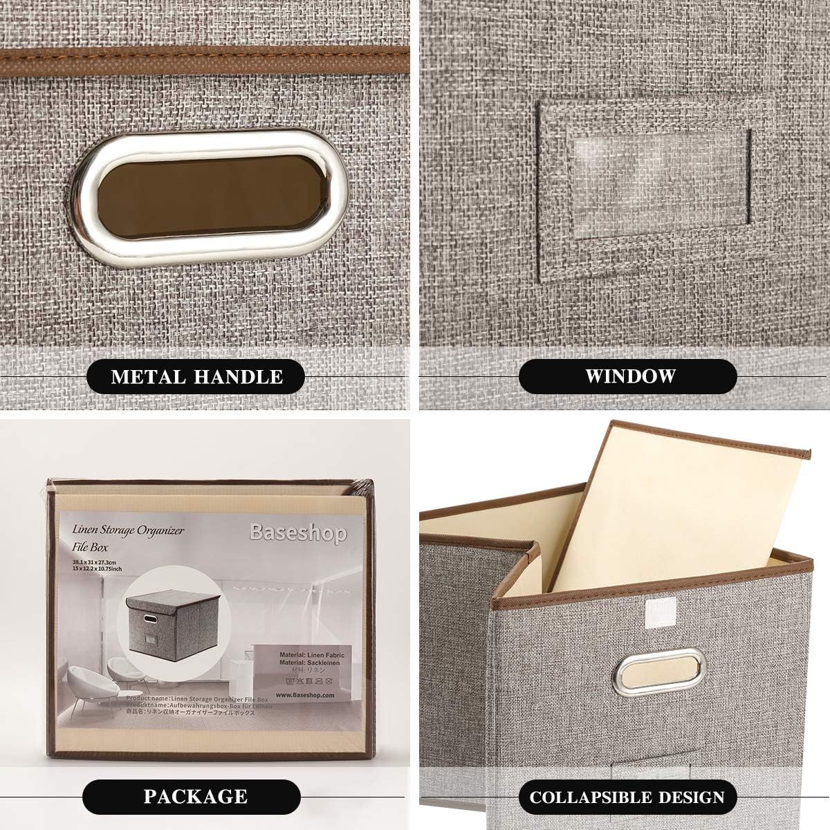 Collapsible File Box with Lid [2-Pack] Decorative Documents Storage Organizer with Linen Filing, Home Office Bin, Letter Size Legal Size, Gray