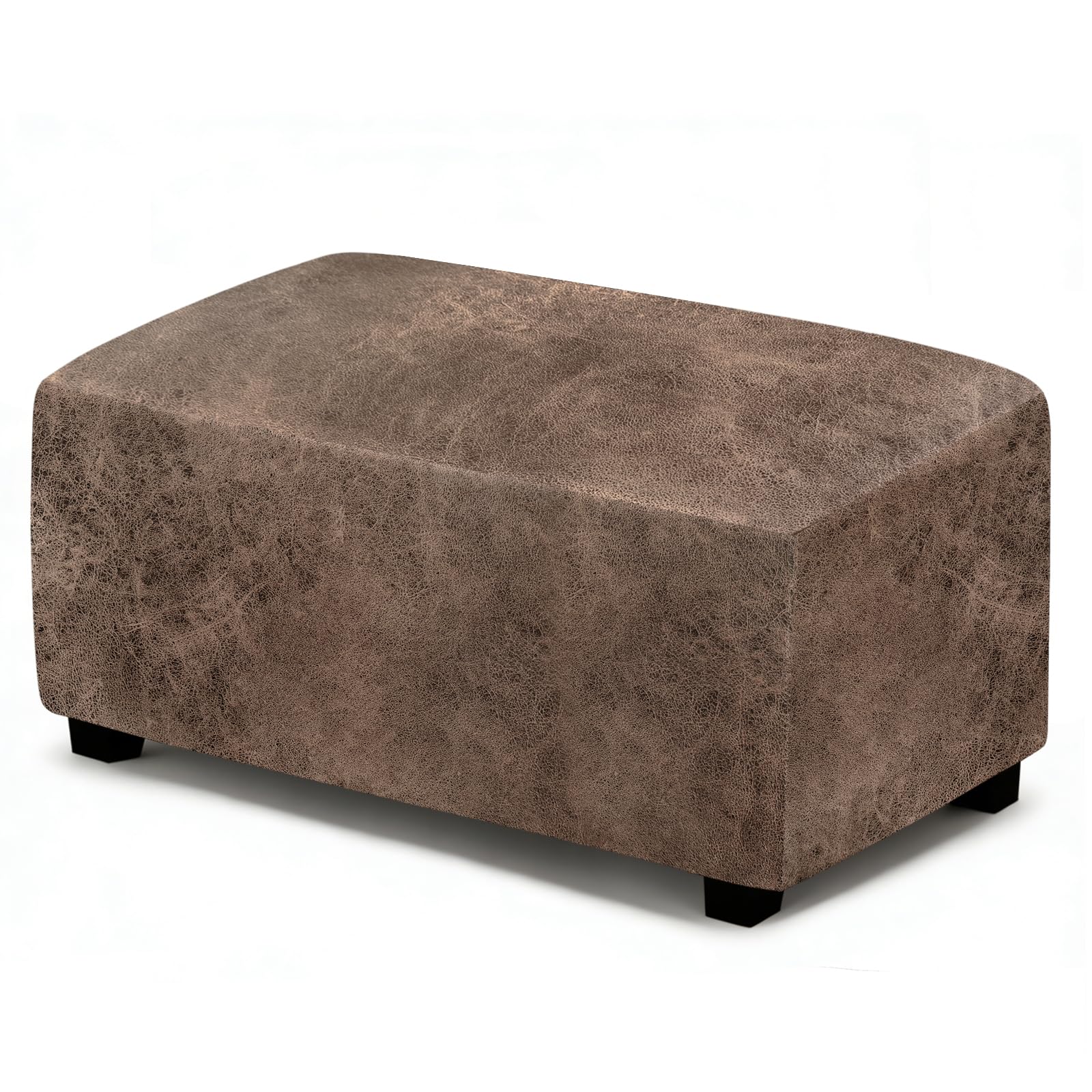 ANARACHON Leather Like Ottoman Cover, Stretch Small Square Ottoman Covers, Rectangular Ottoman Slipcovers with Removable Washable Non-Slip Elastic Bottom for Footstools (02 Light Brown, Large)