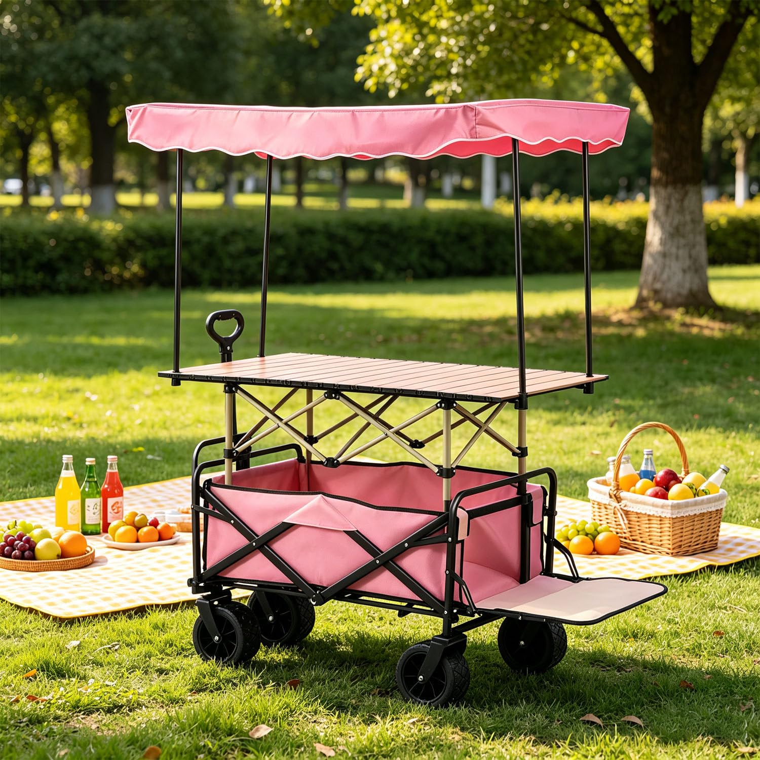 GYKOZY Commercial Vendor Cart with Wheels & Awning, Foldable Outdoor Vendor Cart Portable Food Display Stand, Easy to Assemble for Market Street Food & Events