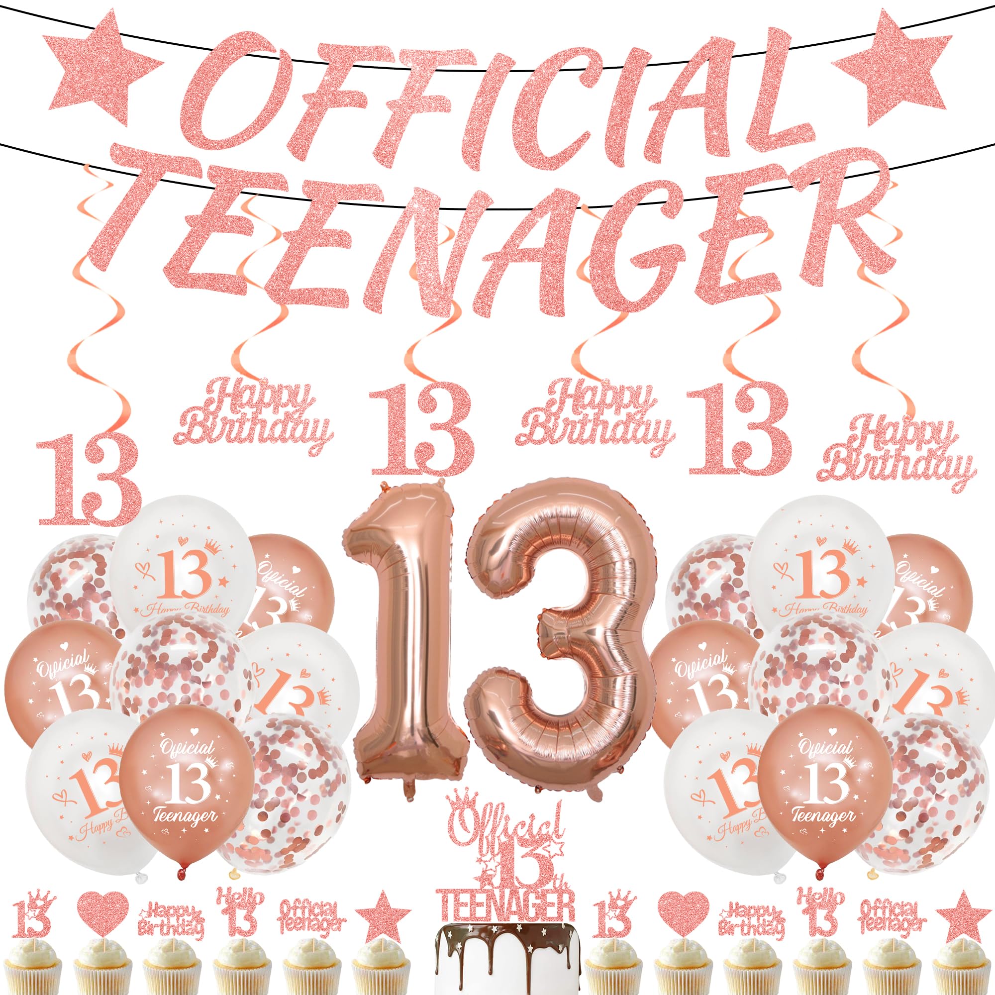 13th Birthday Decorations Girls Banner - 41 Pcs Rose Gold Official Teenager Banners, Number 13 Foil Balloon, Hanging Swirls, Latex Balloons and Cake Toppers for Girl 13 Years Old Party Supplies
