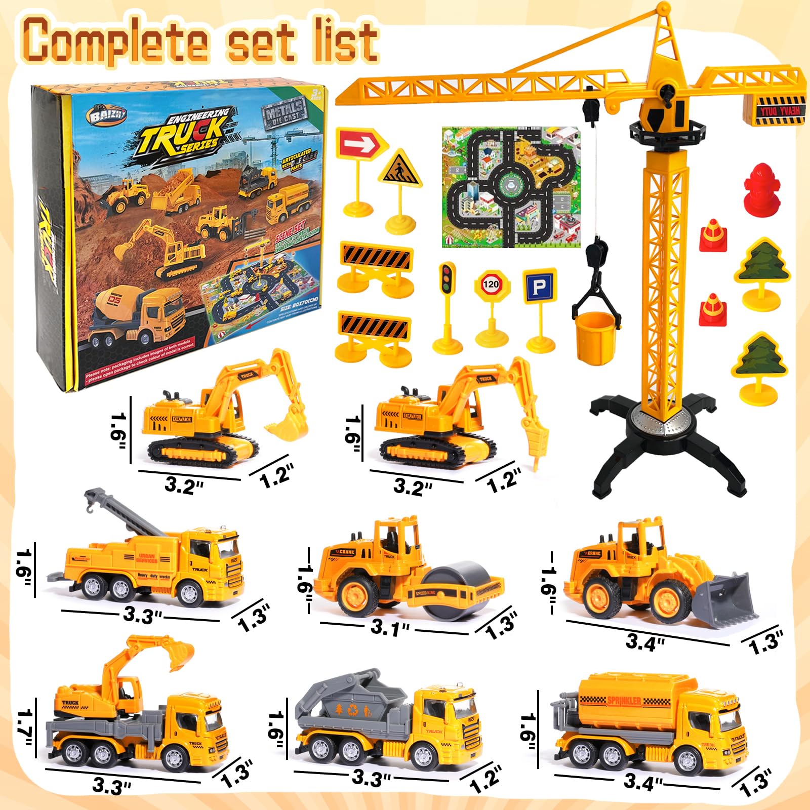 CORPER TOYS Diecast Construction Vehicles Playset Toys for Kids with Road Signs, Play Mat, Tower Crane, Excavator, Bulldozer Alloy Engineering Cars Set for Toddler Gift for Christmas Birthday