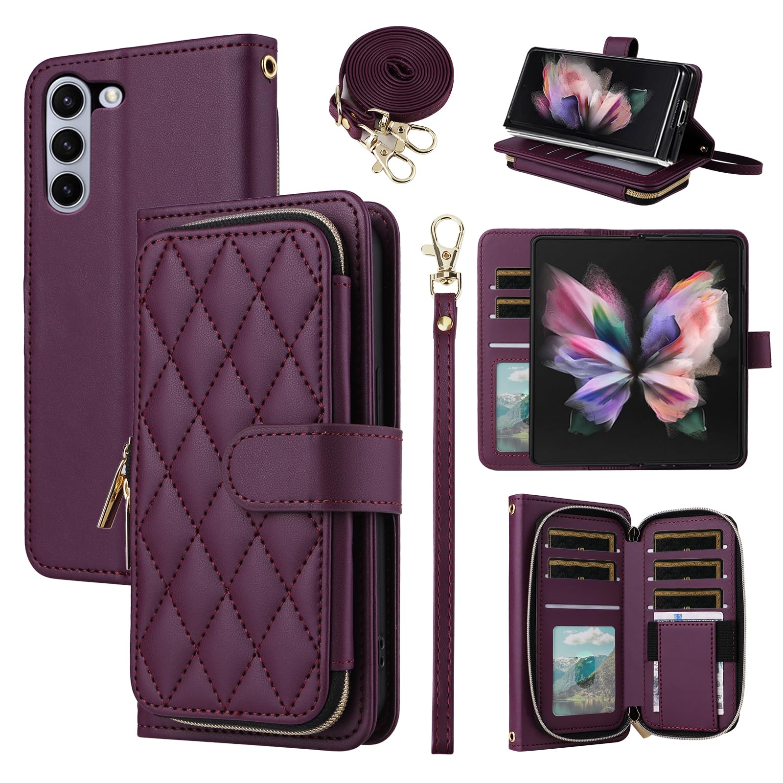 Furiet Wallet Case for Samsung Galaxy Z Fold 5 5G 2023, Wrist Strap Crossbody Shoulder Strap, 9+ Card Slots Zipper Purse, Luxury PU Leather Stand Cell