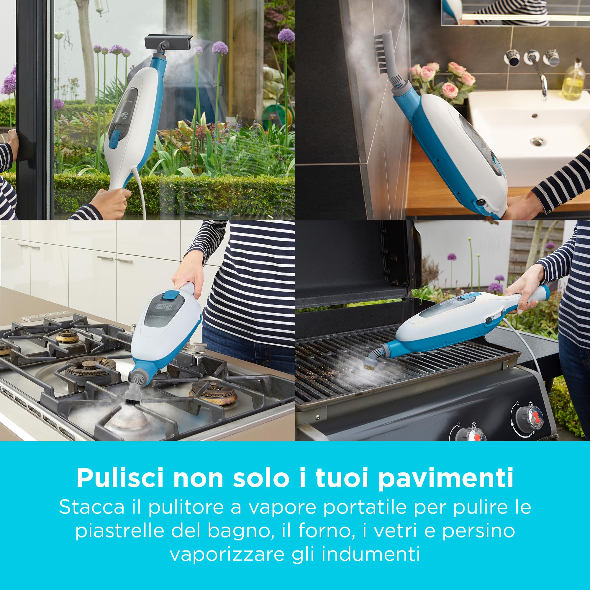 BLACK+DECKER Scopa a vapore 2 in 1 con pulitore portatile multifunzione con 5 accessori, FSMH13E5-QS