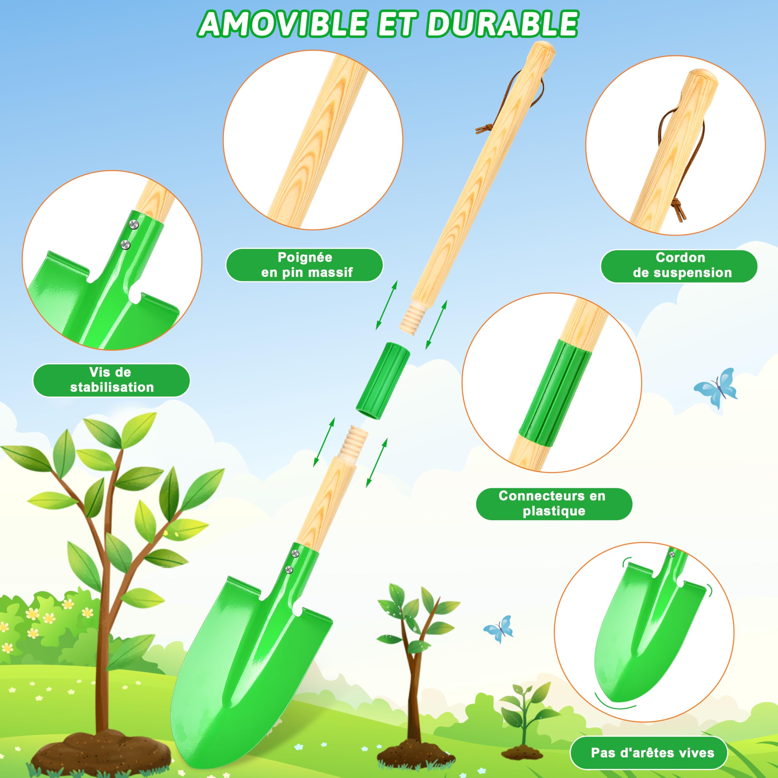 IEEILULU Ensemble d'Outils de Jardinage Enfant, Jouets de Jardinage avec Pelle Gants Tablier Arrosoir, Kit de Jardinage pour Garçons et Filles 3 Ans+ (Vert)