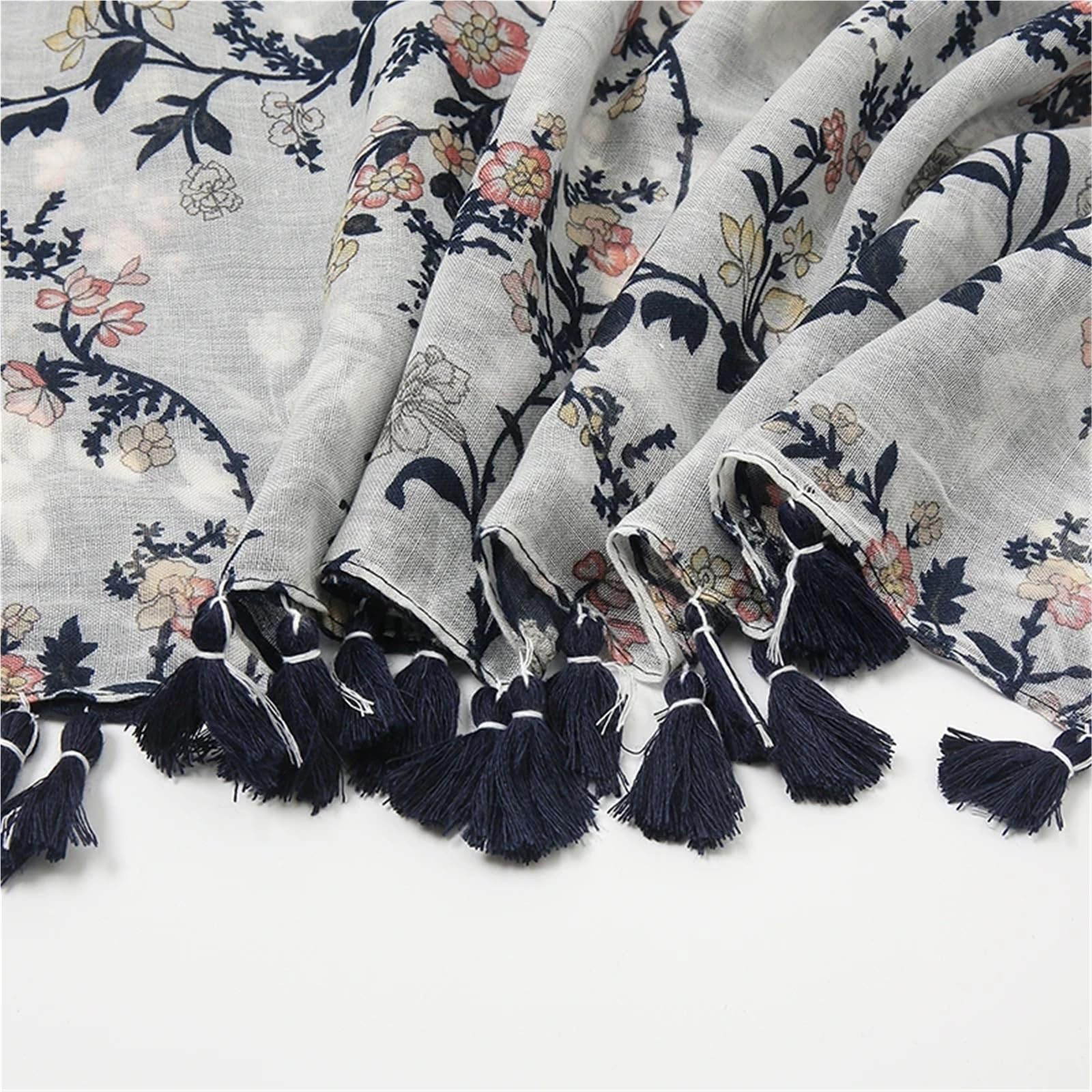Sciarpa di Primavera 2 Pezzi Sciarpa da Donna in Cotone e Lino con Stampa Floreale e Nappe, Sciarpa Primaverile Vintage, 180 * 90 cm