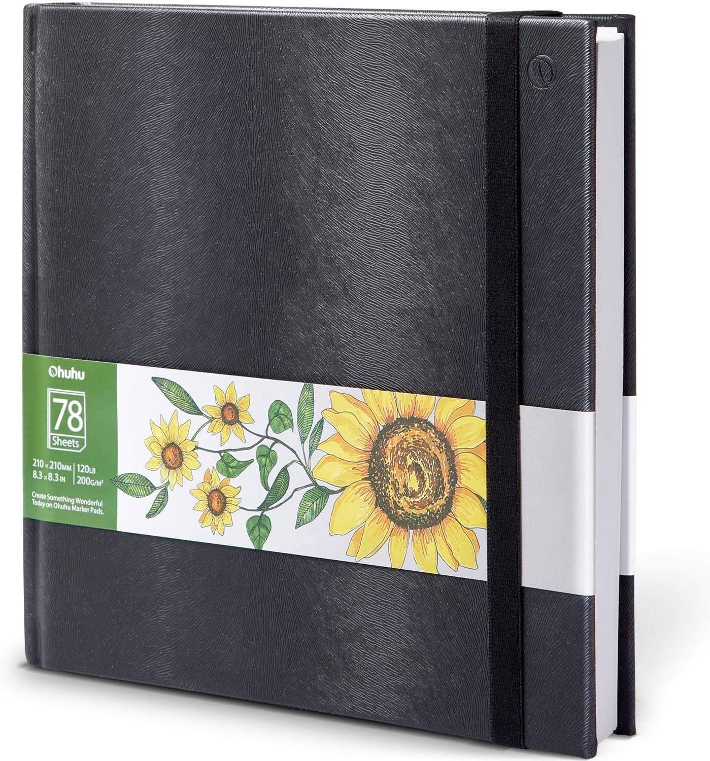 OhuhuMarker Sketchbook - 200GSM Heavyweight Acid-Free Paper, 156 Pages (78 Sheets), 21×21cm (8.3×8.3") Square, PU Cover Harcover - Art Book for Markers Drawing & Sketching