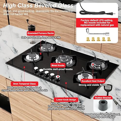 Miniatura 3 de Estufa de Gas de 5 Quemadores 76cm, Estufa de Cocina de Gas Integrada con Kit de Conversión NG/LPG, Quemador de Gas de Tapa de Vidrio (76cm x 52cm)