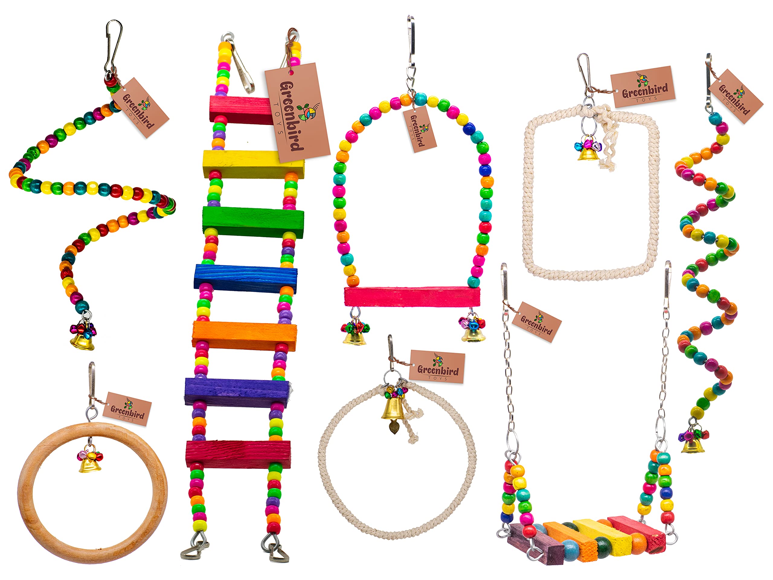 GREENBIRDS 8 Pcs Combo of Bird Toys Wooden Colorfull Bird Ladder, Swing, Bird Perches for Budgies, Love Birds, African Grey Parrots Toys for Birds (B09V2D57HC) Amazon Price History, Amazon Price Tracker